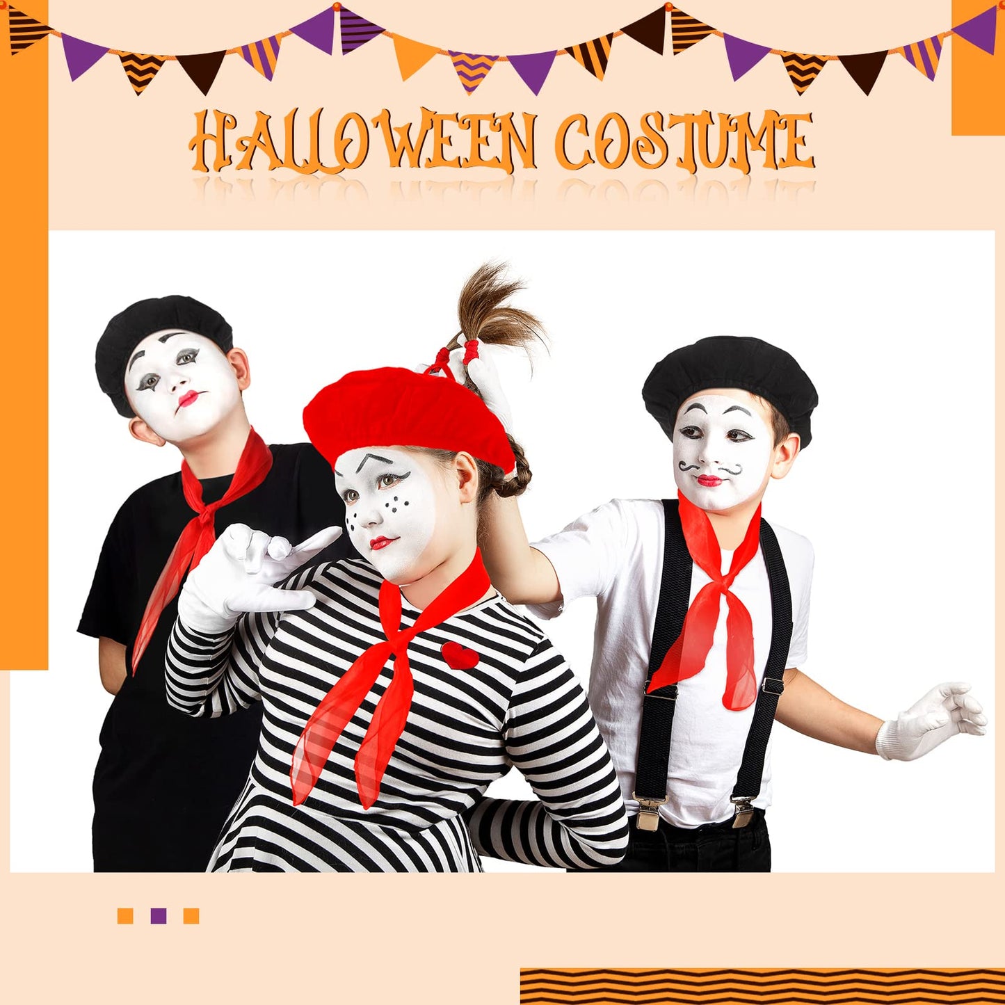 Laumoi 20 Pcs Halloween Beret Set for Kids – French Beanie Hats + Color Neck Scarves