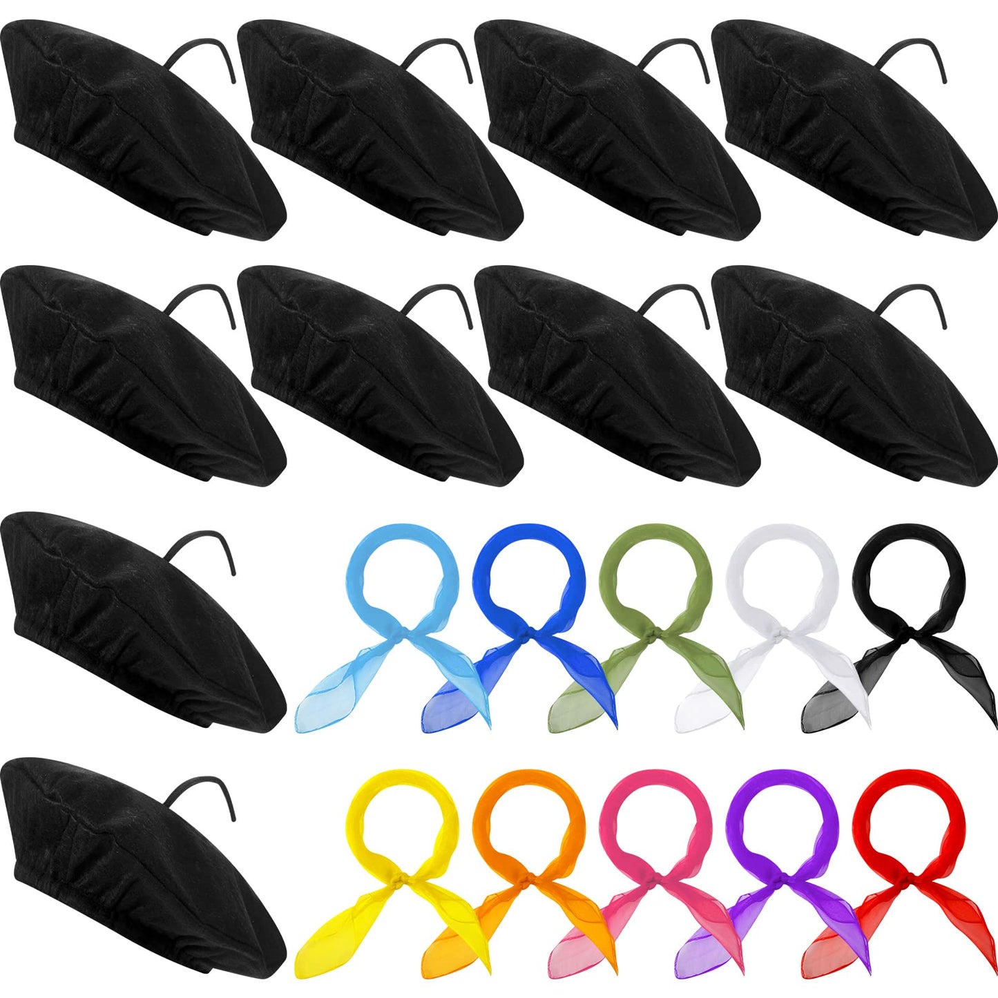 Laumoi 20-Pcs Halloween Beret Set for Kids — French Berets with Color Neck Scarves
