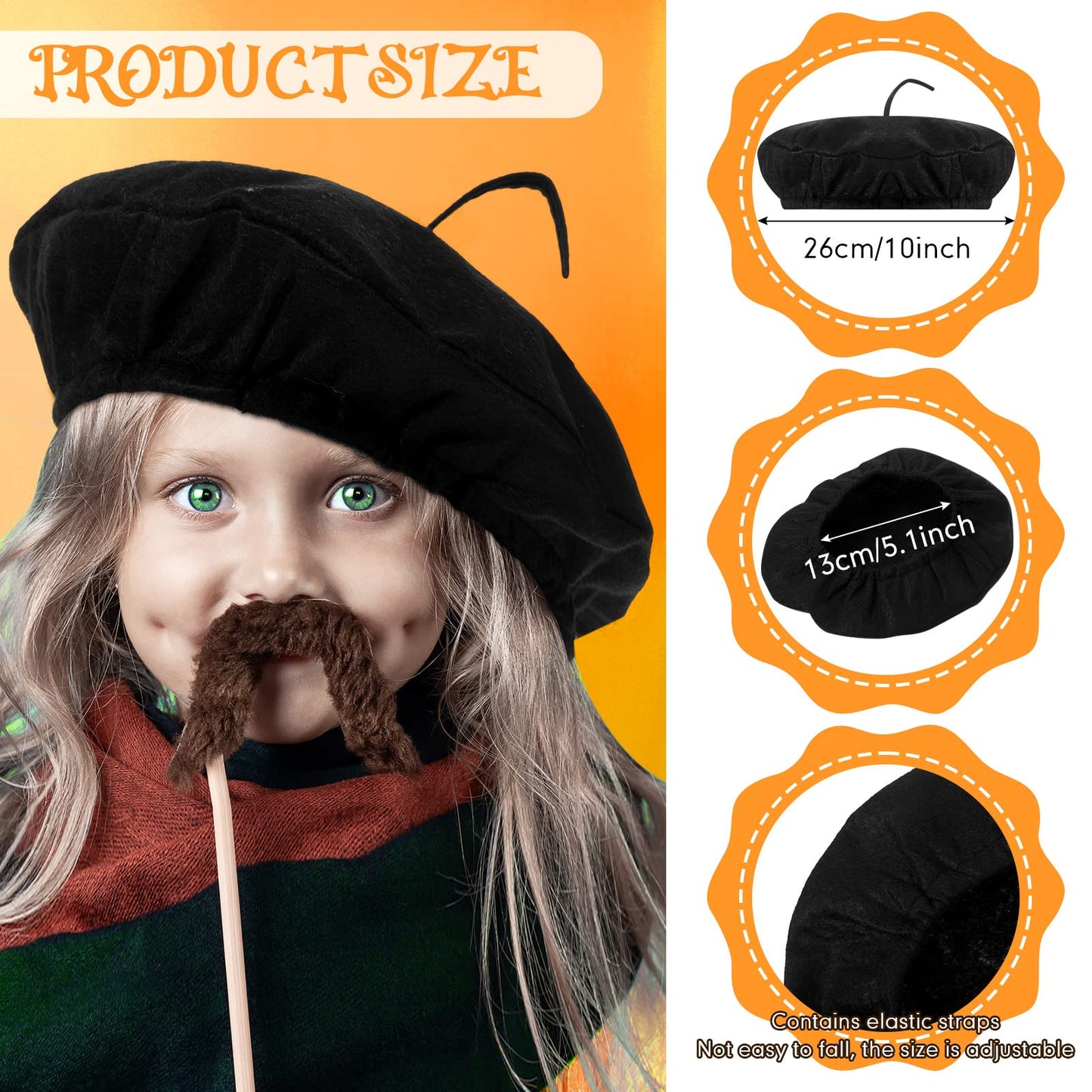 Laumoi 20-Pcs Halloween Beret Set for Kids — French Berets with Color Neck Scarves