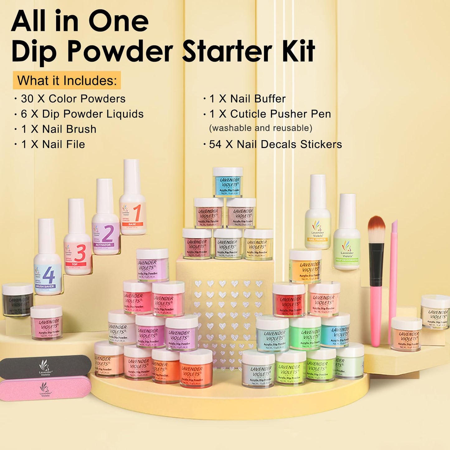 Lavender Violets 94Pcs Dip Powder Nail Kit Starter — 30 Neon Colors, Tools & Decals for DIY Manicure (B703)