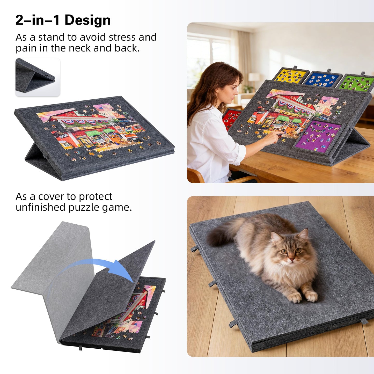 Lavievert Tilting Puzzle Board – 2-in-1 Stand & Cover, 1000-Piece Capacity, Gray