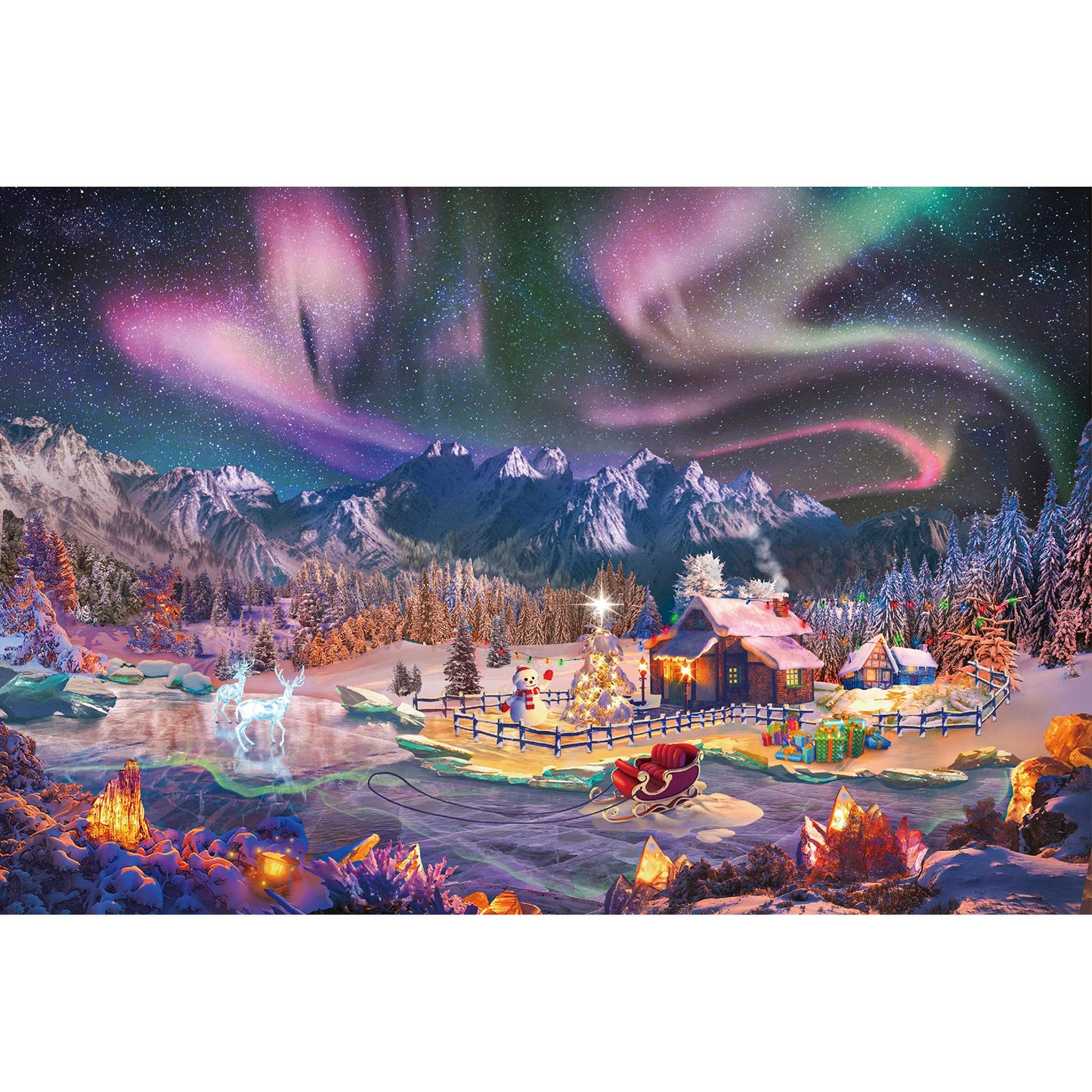 Lavievert Jigsaw Puzzles 1000 Piece Christmas Wonderland – Snowy Night & Aurora