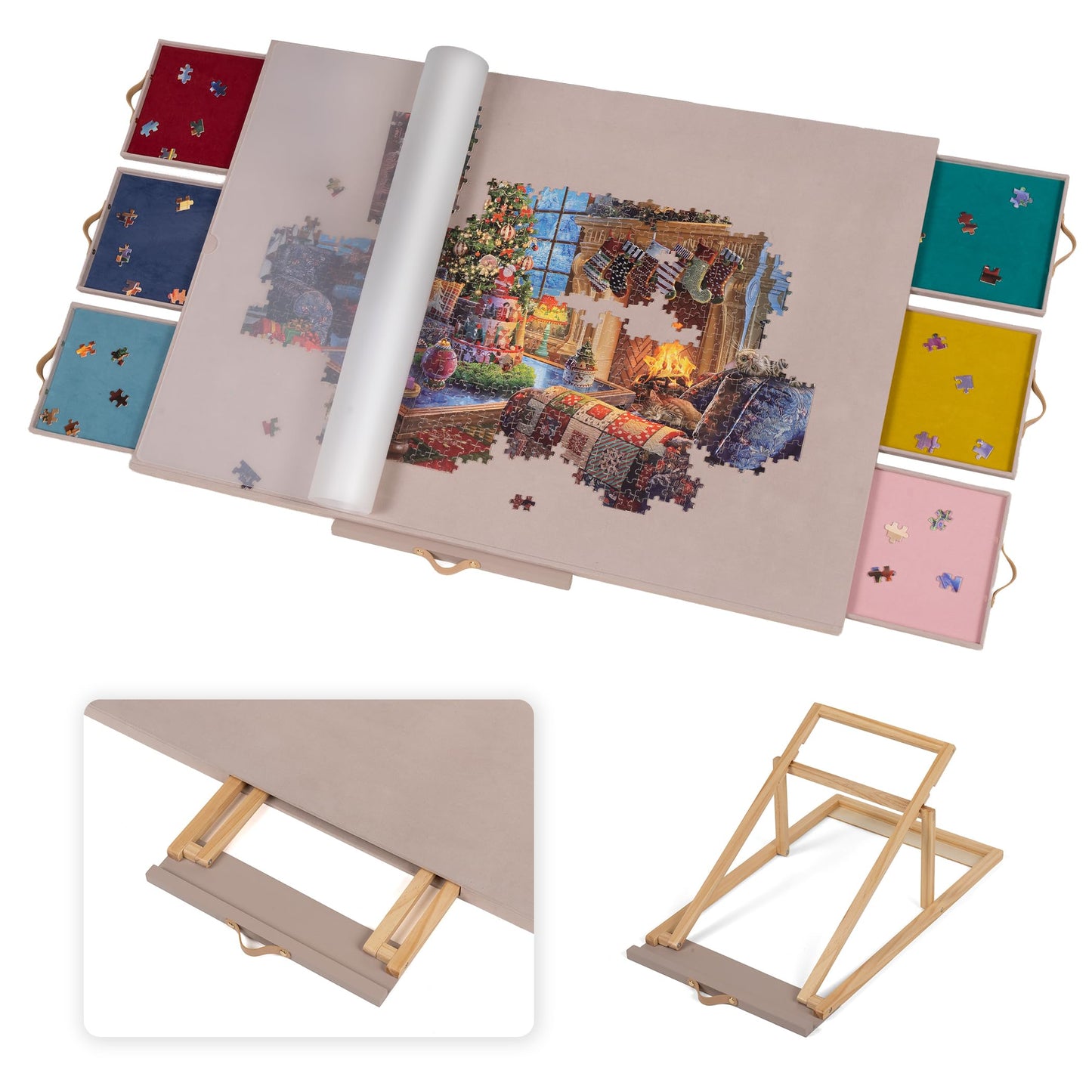 Lavievert Velvet-Covered Tilting Puzzle Board with 6 Drawers & Adjustable Stand – 1500-Piece Capacity, Dusty Pink
