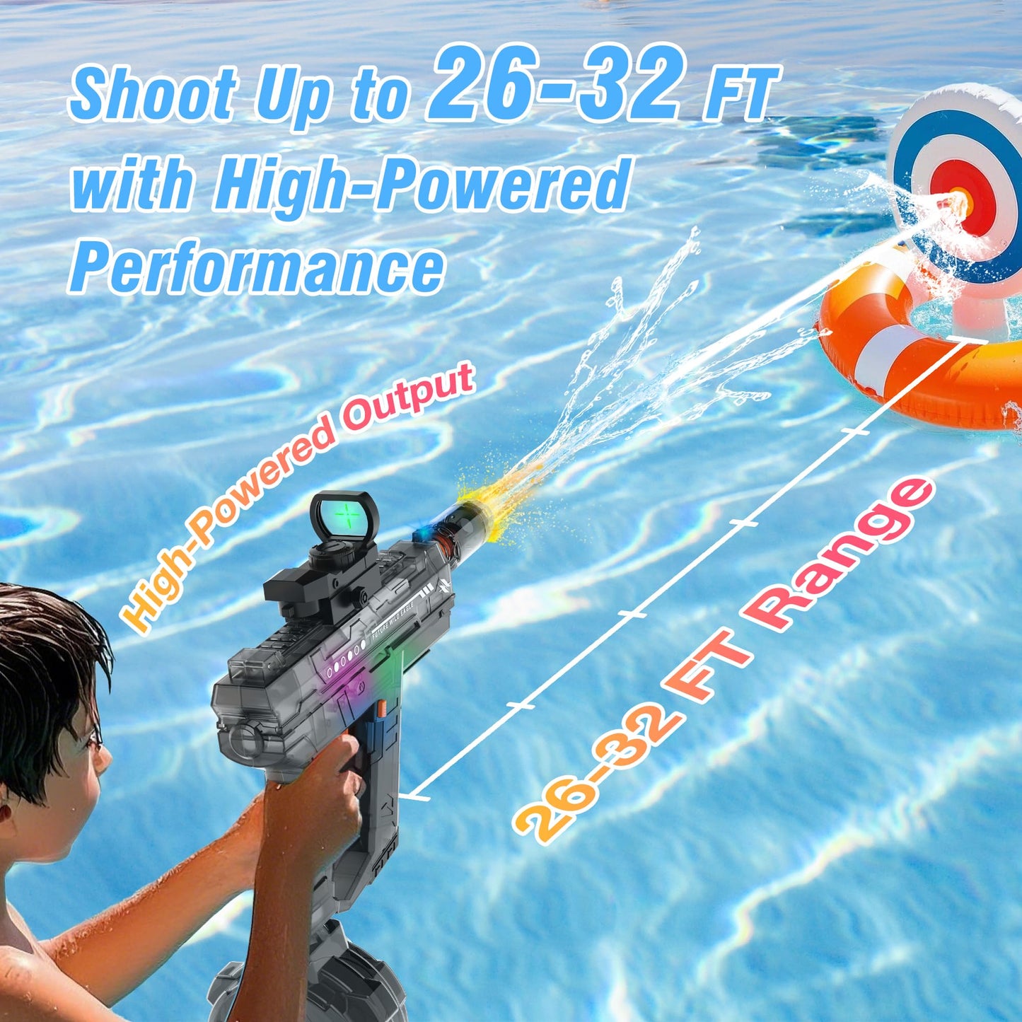 Lawdiey Electric Water Gun – 26-32 ft Range, 800ml Tank, Holographic Sight