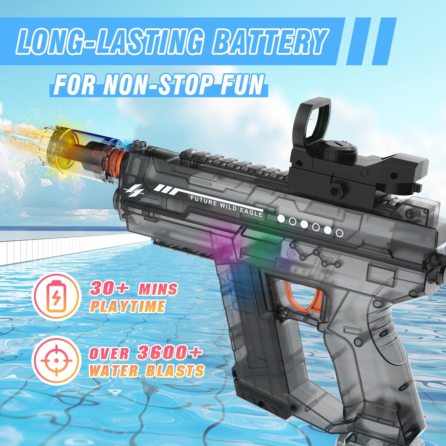 Lawdiey Electric Water Gun – 26-32 ft Range, 800ml Tank, Holographic Sight