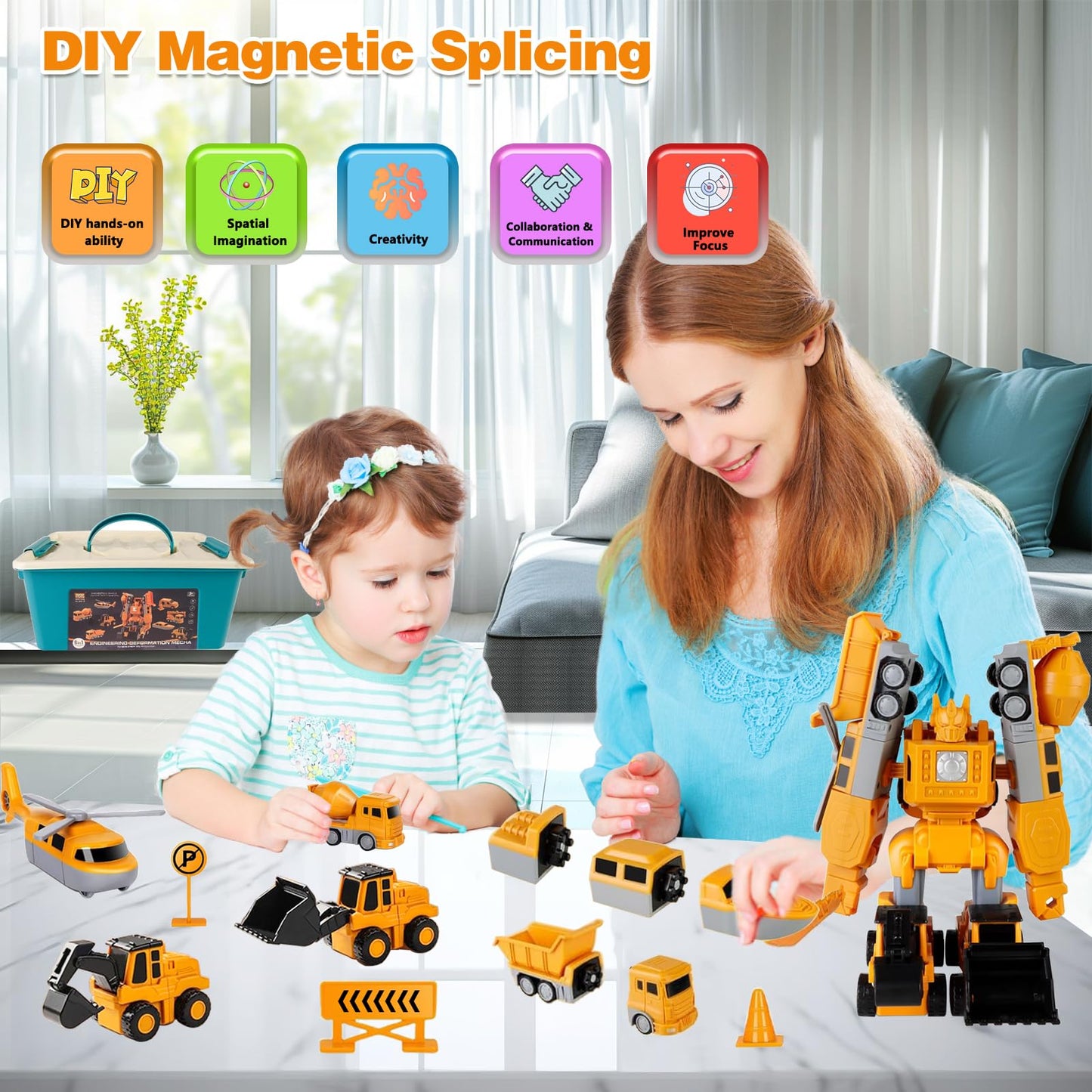 Lawfig Magnetic Transform Engineering Car — 7-in-1 Construction Toys for Kids 3-8