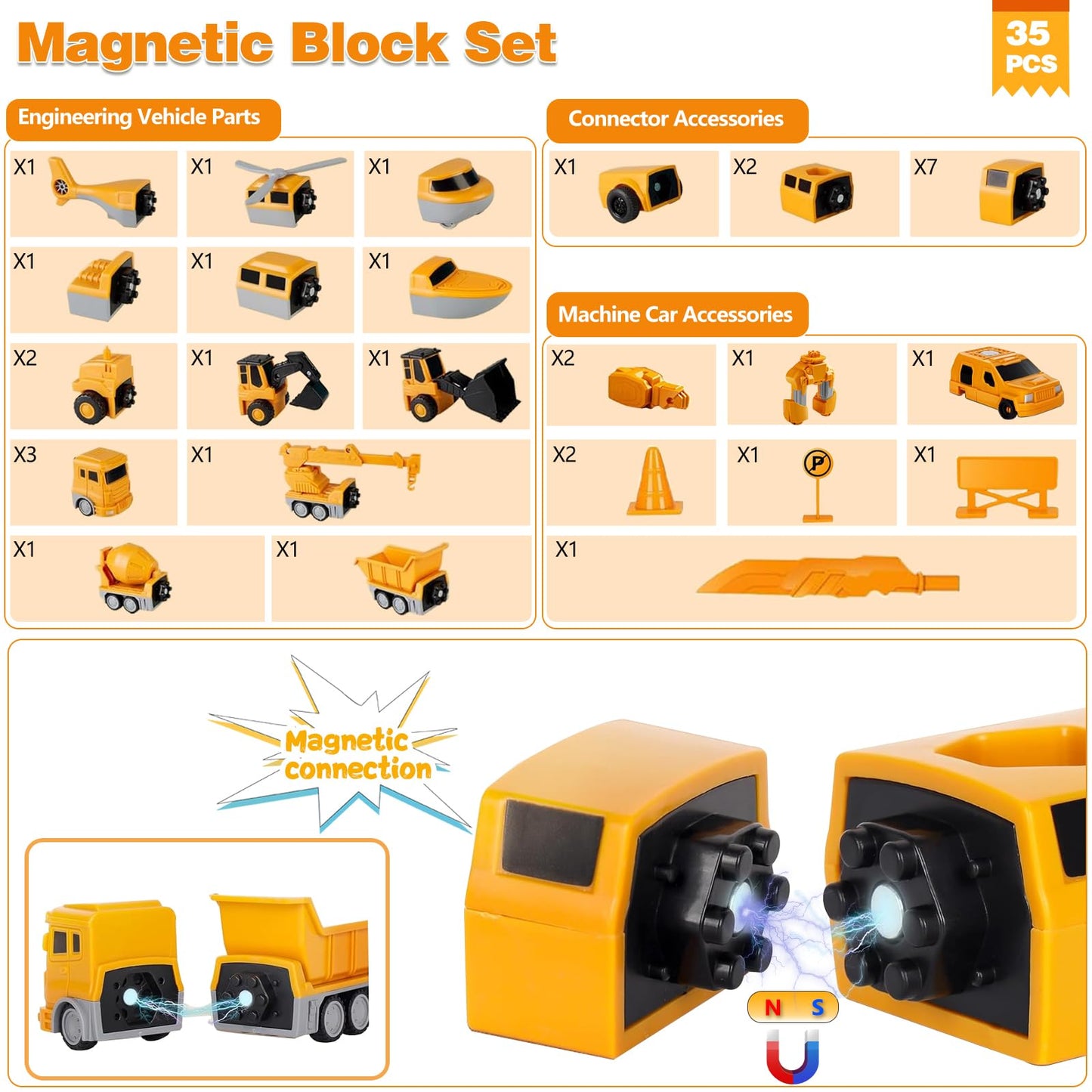 Lawfig Magnetic Transform Engineering Car — 7-in-1 Construction Toys for Kids 3-8