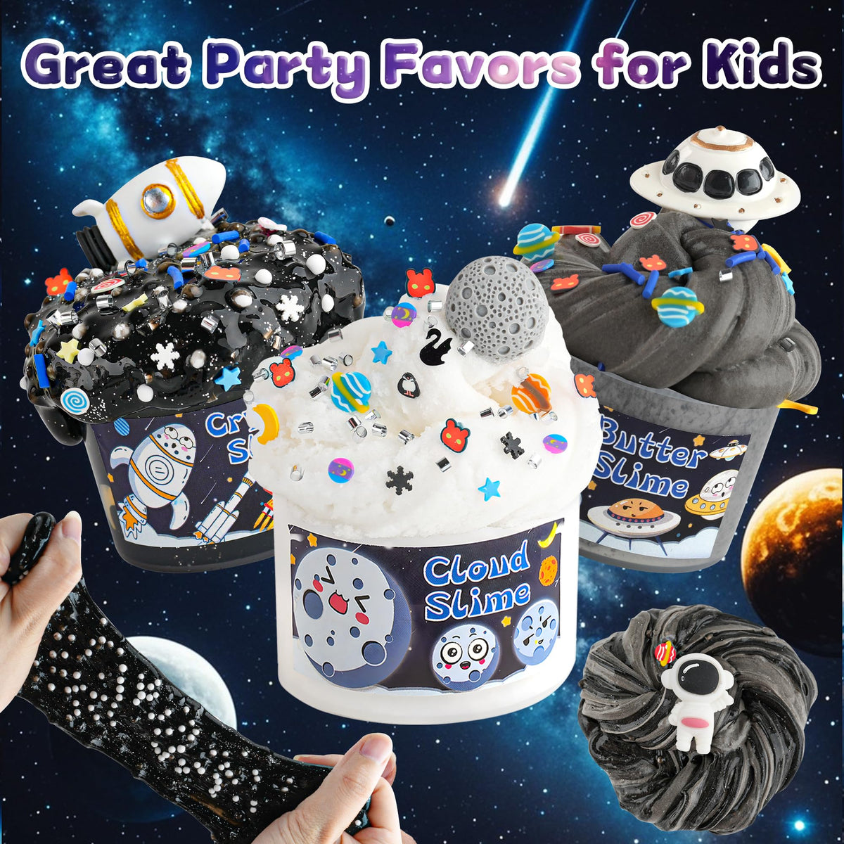 LAWOHO 6 Pack Galaxy Slime Kit for Kids – Butter, Cloud & Clear Slimes with Space Add-ins, 360ml Black Slime