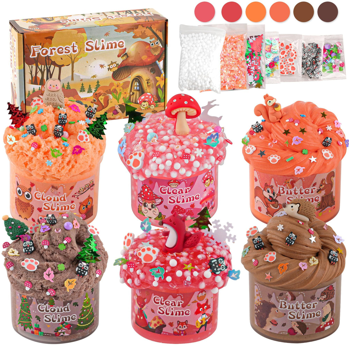 LAWOHO 6 Packs Forest Slime Kit - 360ml Slime Set with Animal Add-Ins | Butter, Cloud & Clear Slimes for Kids