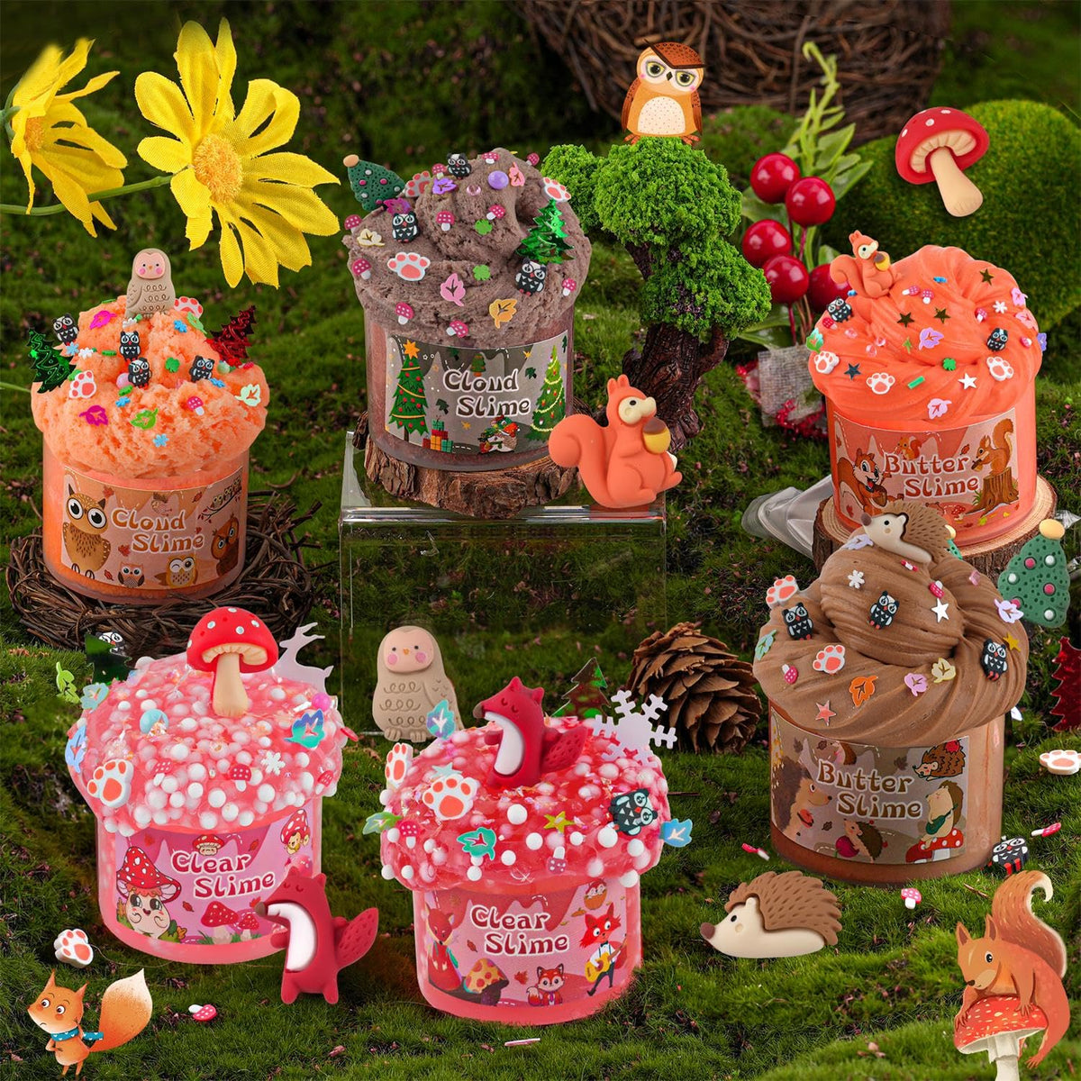 LAWOHO 6 Packs Forest Slime Kit - 360ml Slime Set with Animal Add-Ins | Butter, Cloud & Clear Slimes for Kids