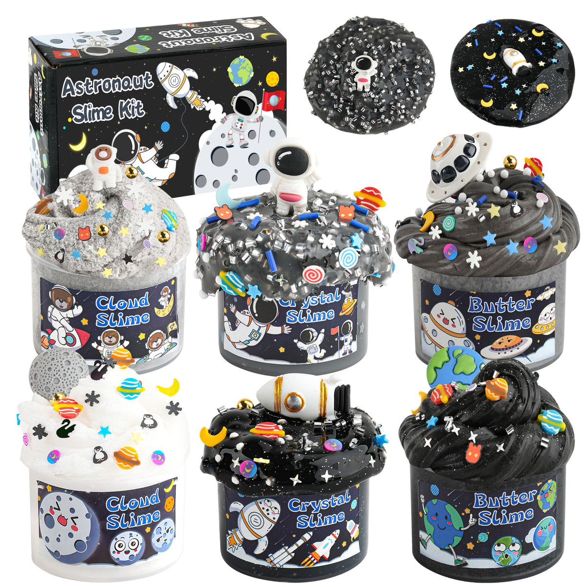 LAWOHO 6 Pack Galaxy Slime Kit for Kids – Butter, Cloud & Clear Slimes with Space Add-ins, 360ml Black Slime