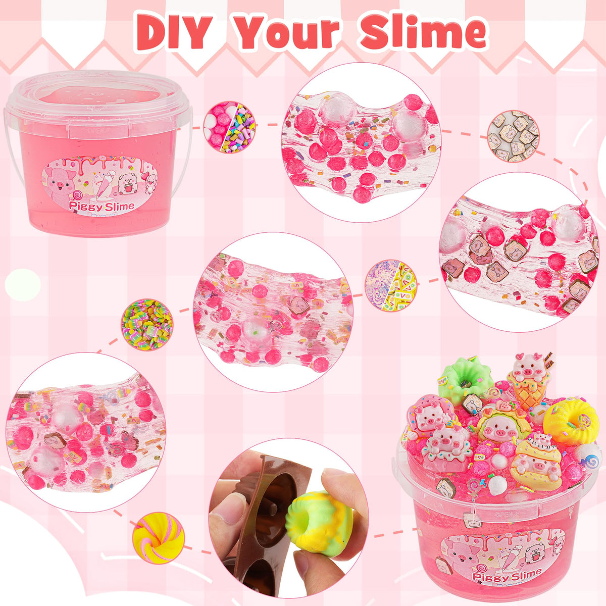 LAWOHO 300ml Piggy Slime Kit with Clay – Red Clear Slime, 10 Add-Ins & Piglet Charms