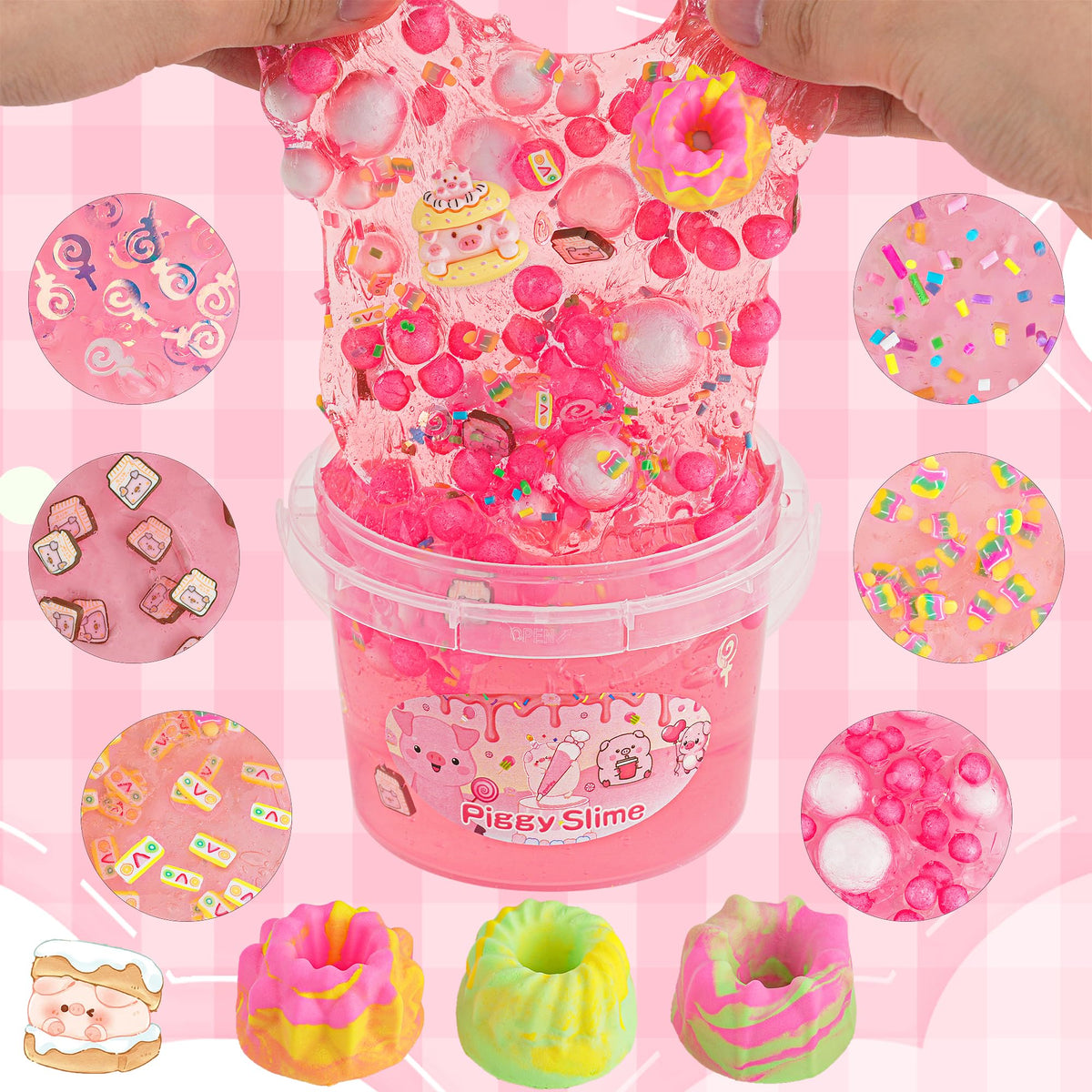 LAWOHO 300ml Piggy Slime Kit with Clay – Red Clear Slime, 10 Add-Ins & Piglet Charms