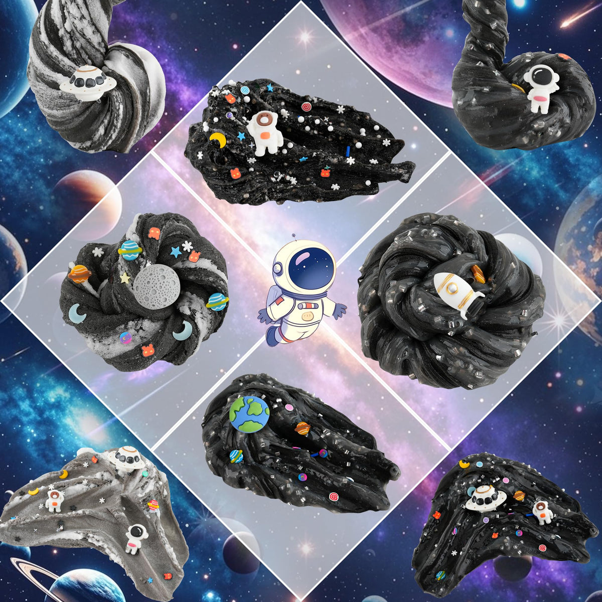 LAWOHO 6 Pack Galaxy Slime Kit for Kids – Butter, Cloud & Clear Slimes with Space Add-ins, 360ml Black Slime