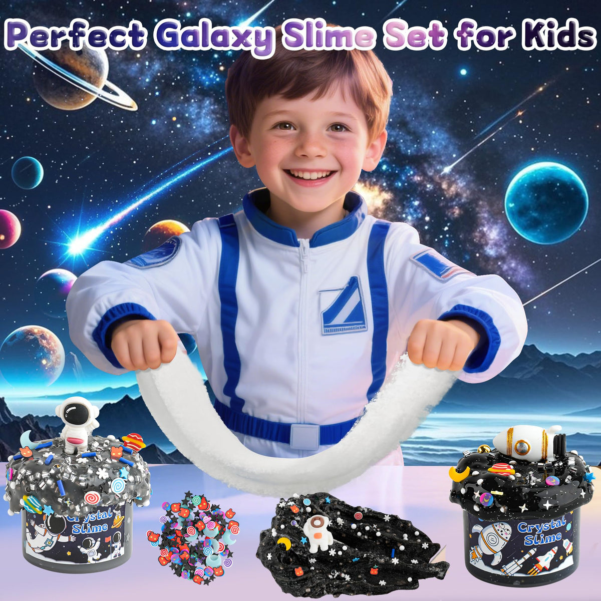LAWOHO 6 Pack Galaxy Slime Kit for Kids – Butter, Cloud & Clear Slimes with Space Add-ins, 360ml Black Slime