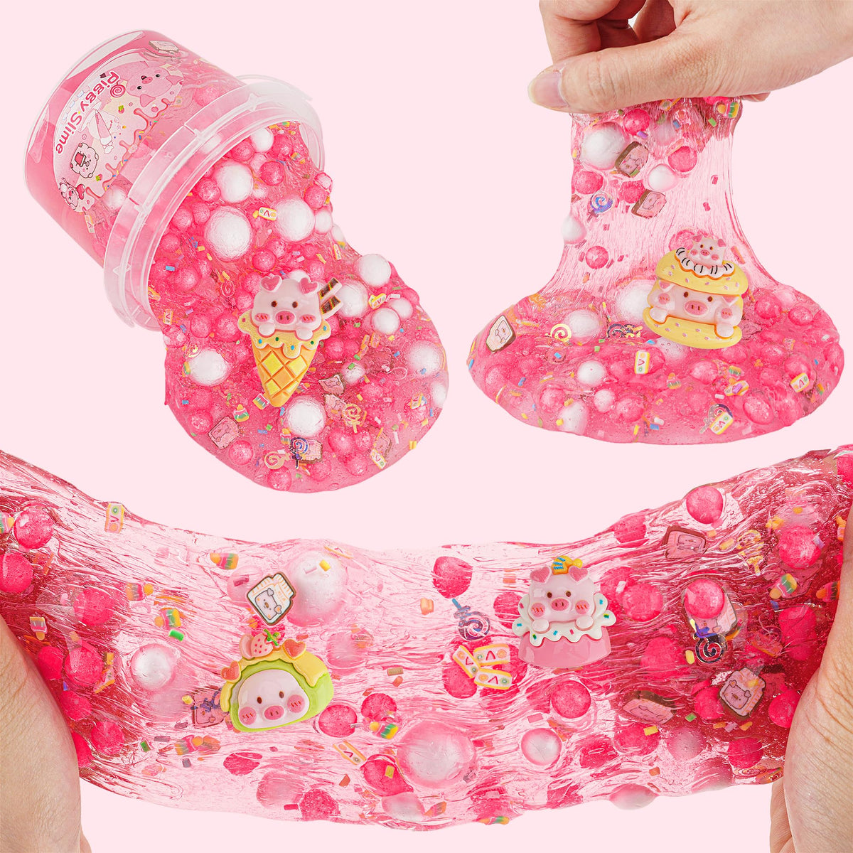 LAWOHO 300ml Piggy Slime Kit with Clay – Red Clear Slime, 10 Add-Ins & Piglet Charms