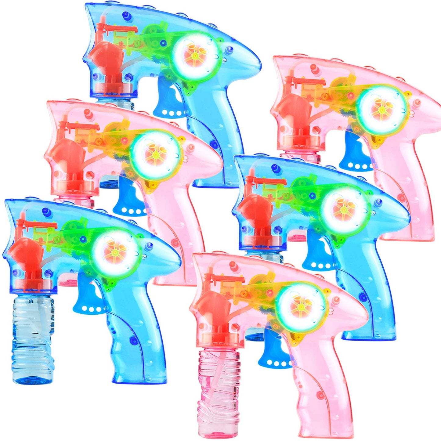 Laxdacee 6 Pcs Bubble Gun Shooter LED Light Up — Wind-Up Bubbles Blaster Kit (No Batteries Needed)