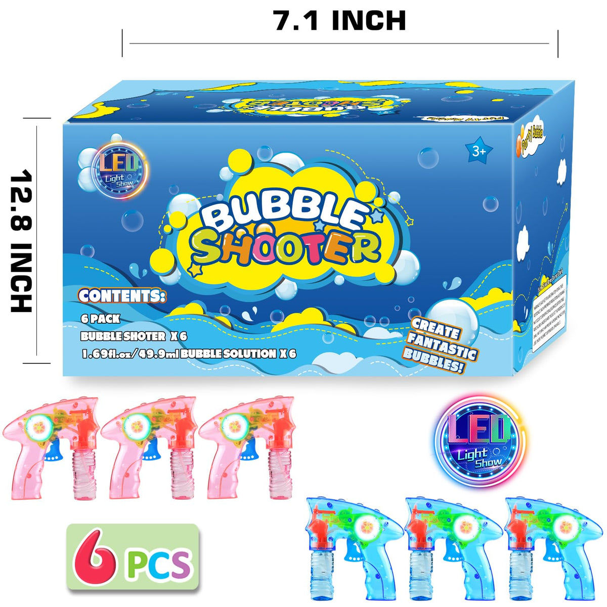 Laxdacee 6 Pcs Bubble Gun Shooter LED Light Up — Wind-Up Bubbles Blaster Kit (No Batteries Needed)