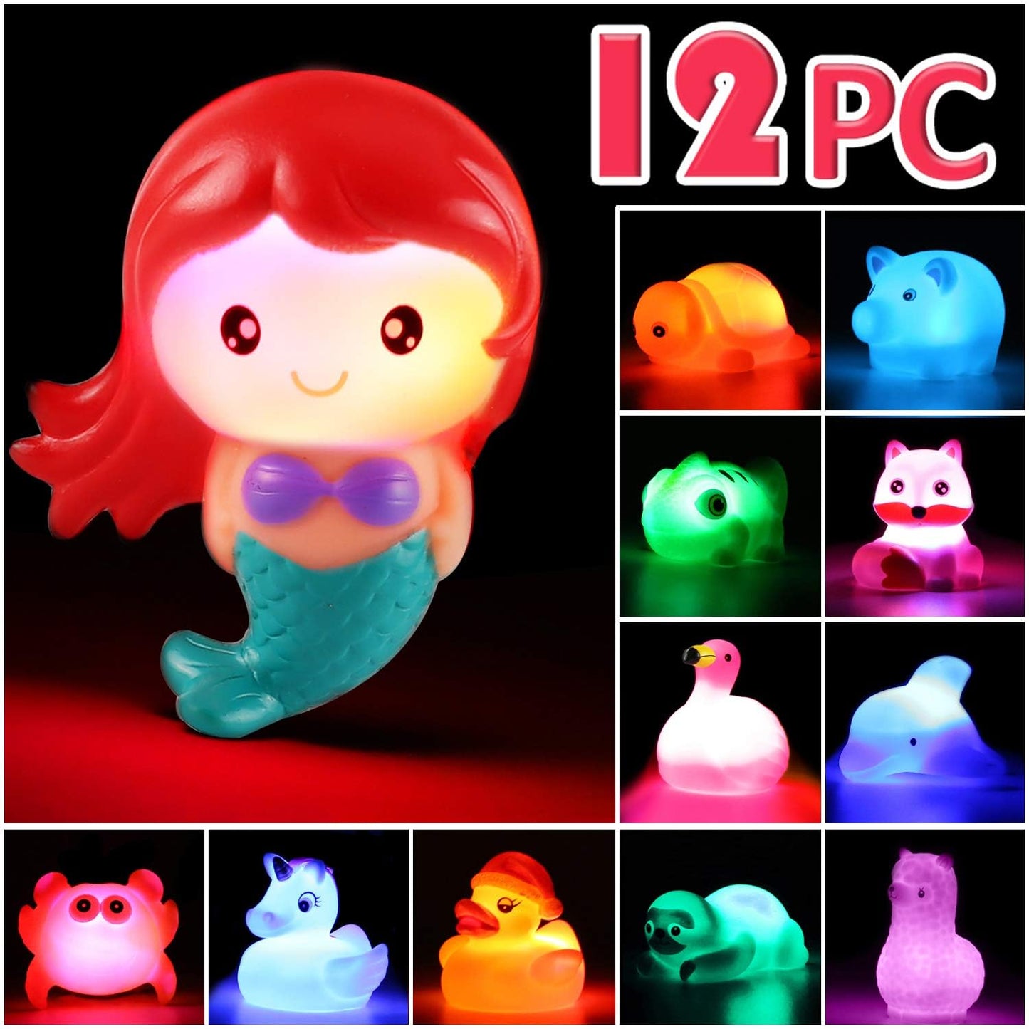 Laxdacee No Hole Bath Toy 12 Pack — Light Up Floating Animals for Bathtub & Pool