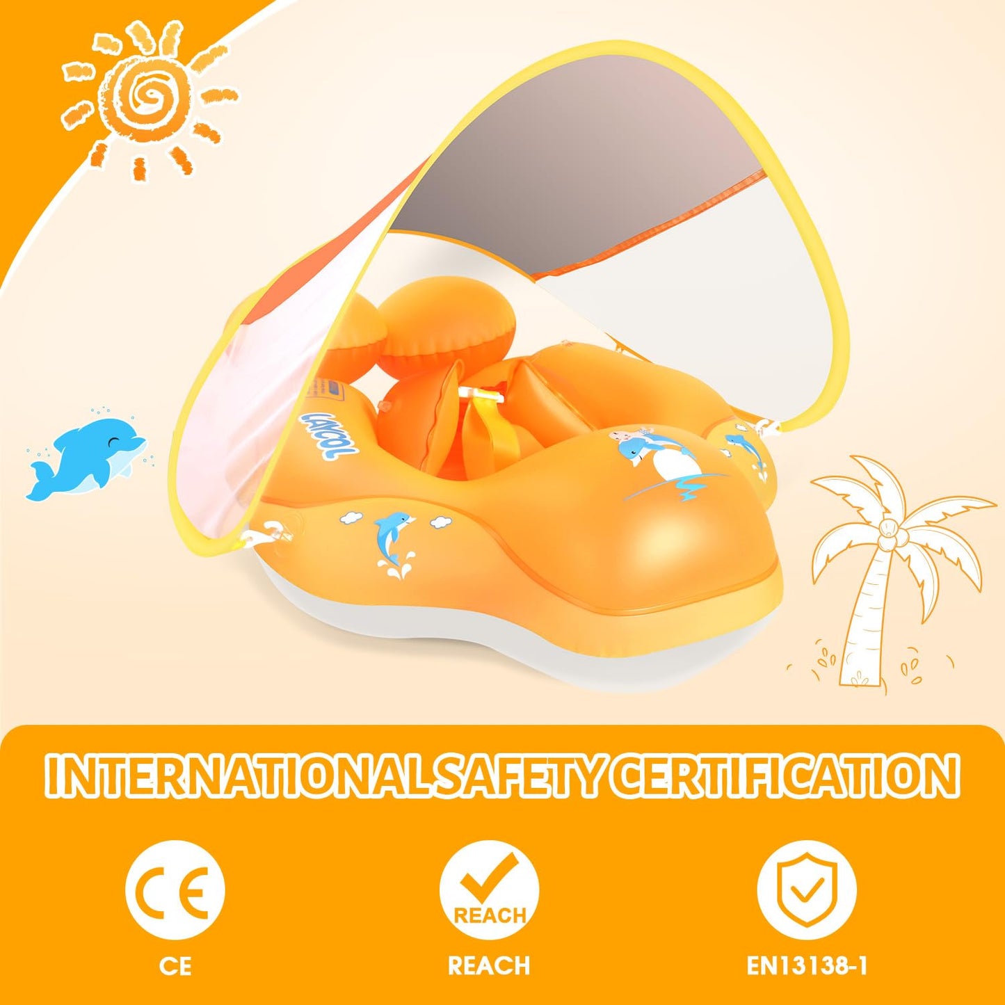 LAYCOL Baby Pool Float with Canopy - UPF 50+ Sun Protection & Anti-Flip Safety (3–36 Months)