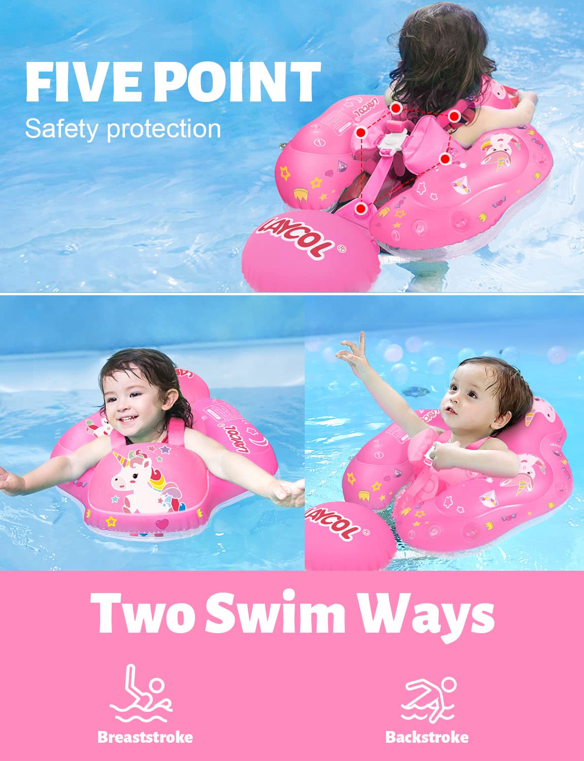 LAYCOL Baby Pool Float with Sun Canopy – No Flip Over, 3–36 Months, Double Air Chambers