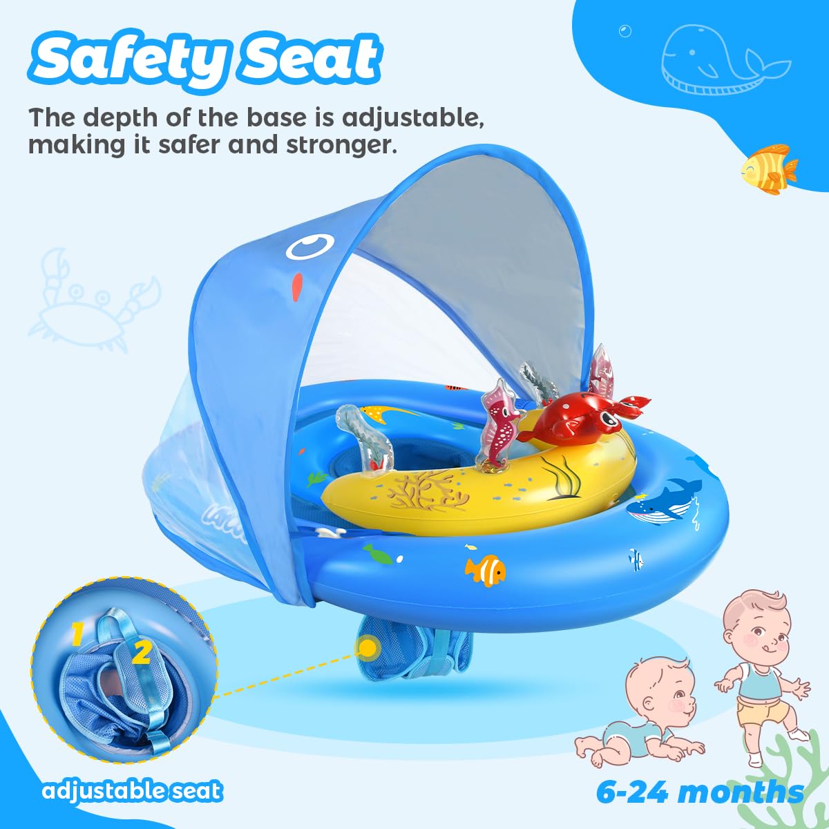LAYCOL Baby Pool Float with UPF50+ Canopy, Toy Console & Adjustable Safety Seat (6-36 Months)