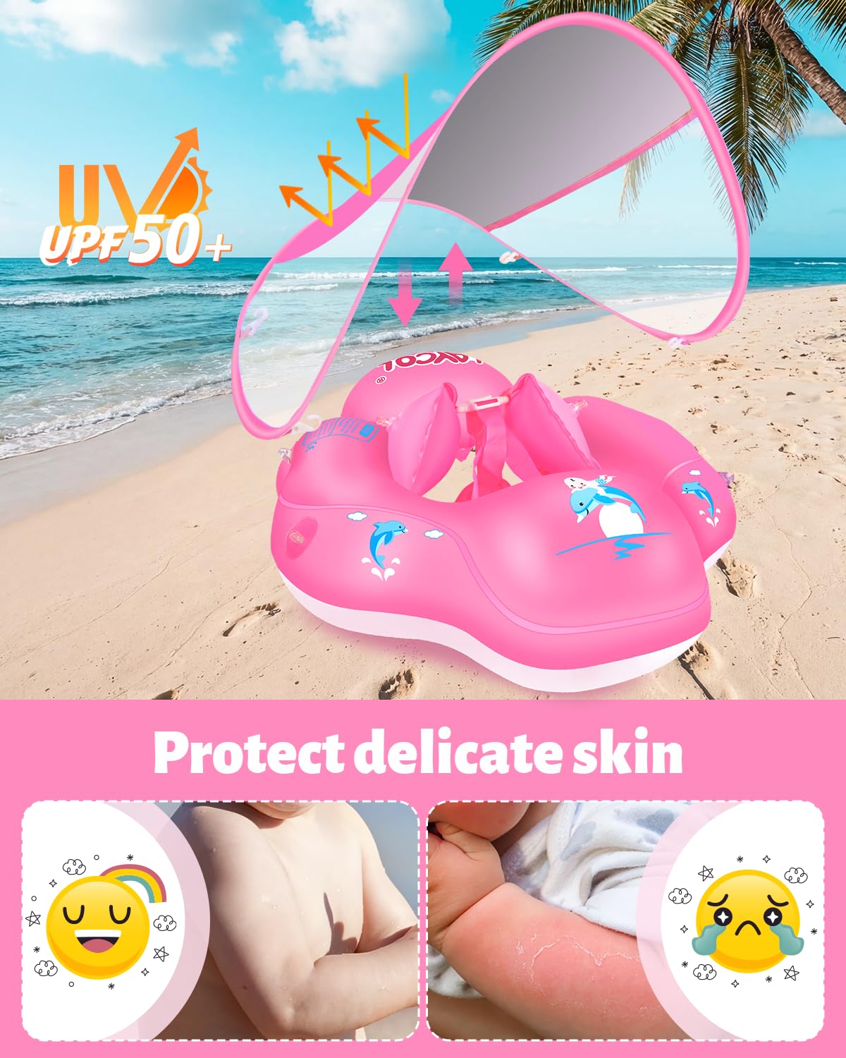 LAYCOL Baby Pool Float No Flip Over with Sun Canopy – 3–36 Months, Pink XL