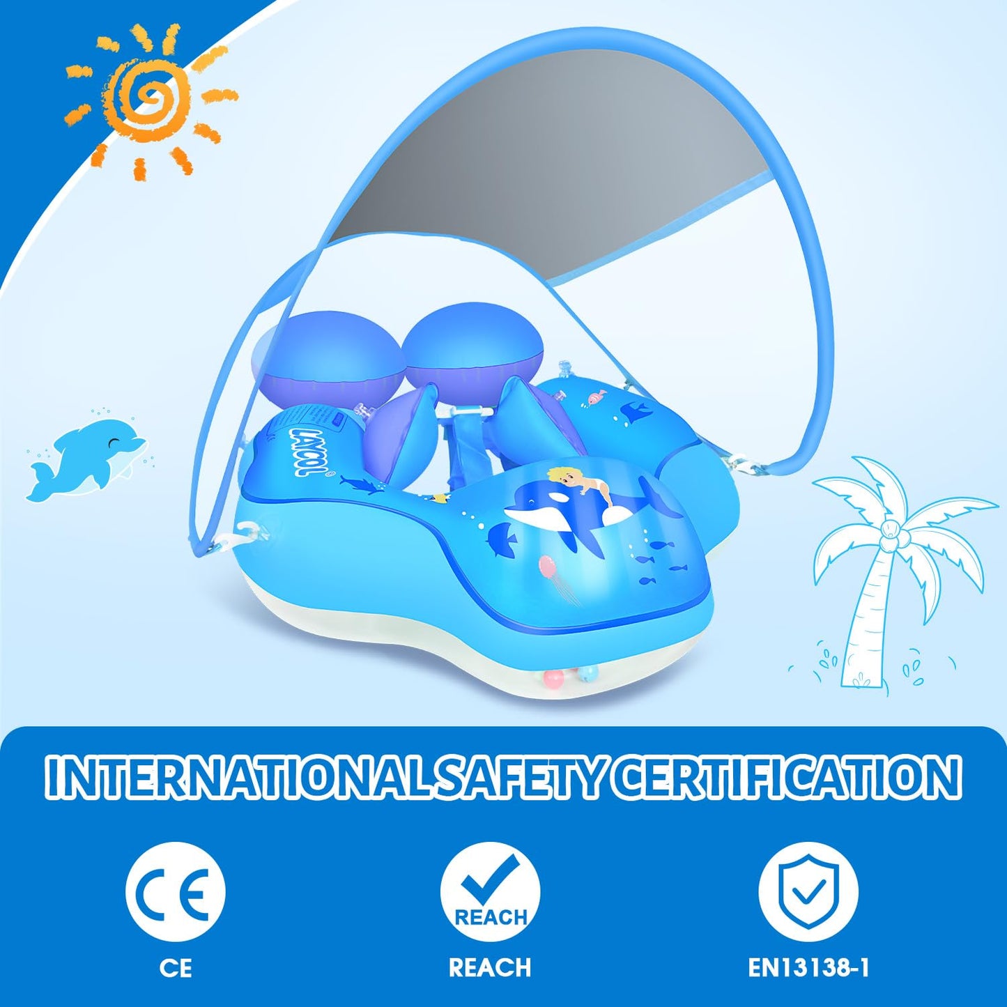 LAYCOL Baby Pool Float with UPF50+ Sun Canopy — Never Flip Over, Inflatable Baby/Toddler Float (3–36 Months)