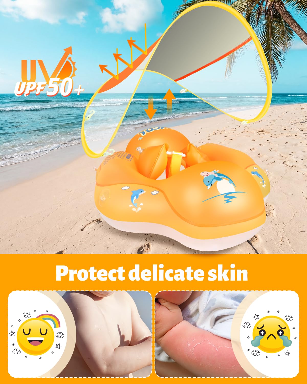 LAYCOL Baby Swim Float with Sun Canopy — No-Flip Design, 3-36 Months, Orange