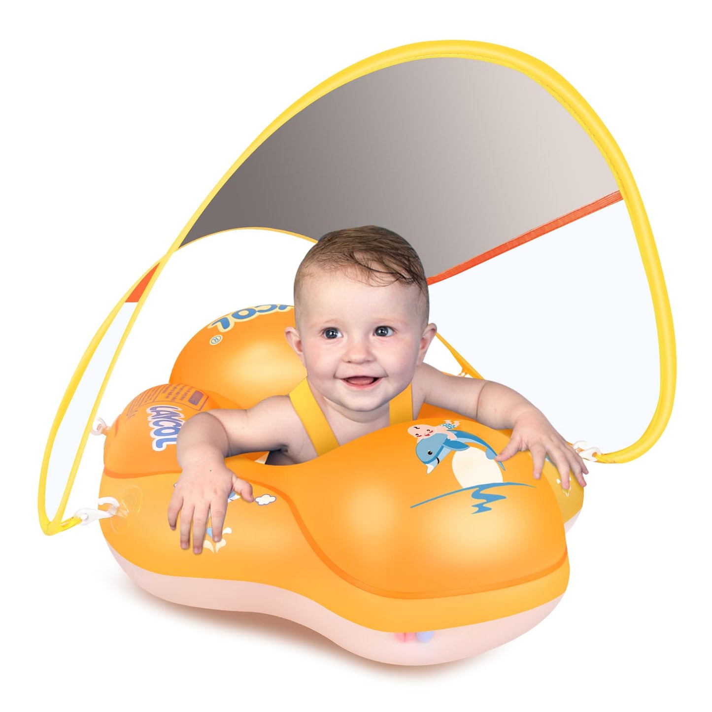 LAYCOL Baby Swim Float with Sun Canopy — No-Flip Design, 3-36 Months, Orange