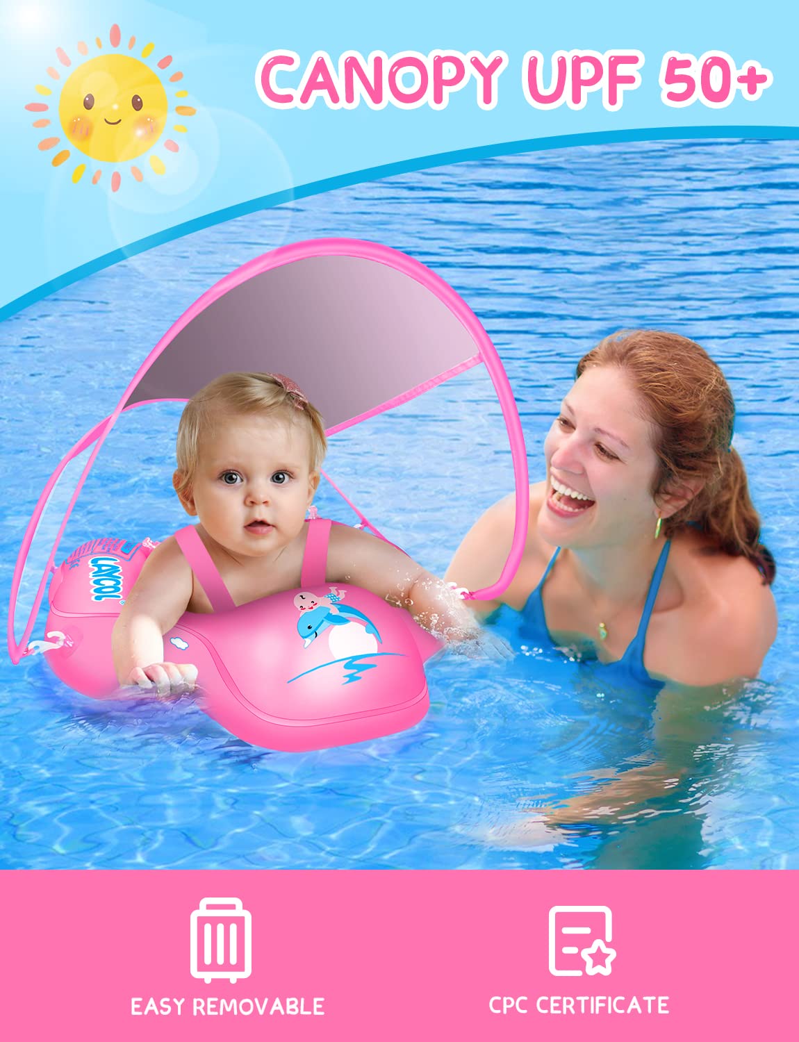 LAYCOL Baby Swimming Float with UPF50+ Sun Canopy — Anti-Flip Pool Float for 3-36 Months