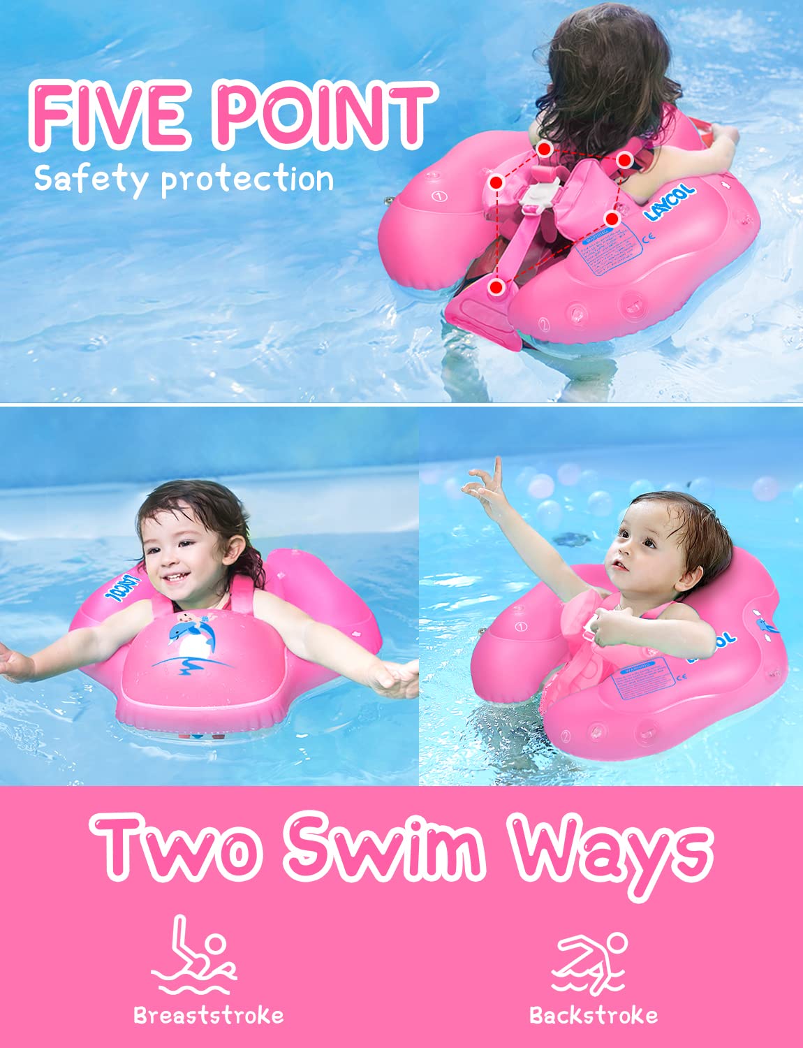 LAYCOL Baby Swimming Float with UPF50+ Sun Canopy — Anti-Flip Pool Float for 3-36 Months
