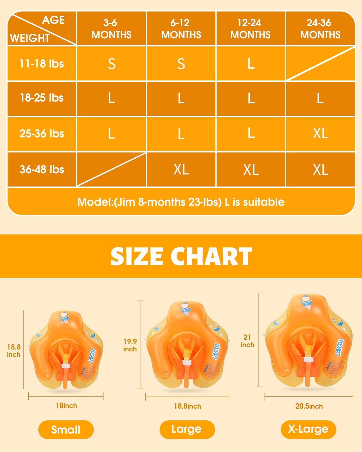 LAYCOL Baby Swim Float with Sun Canopy — No-Flip Design, 3-36 Months, Orange