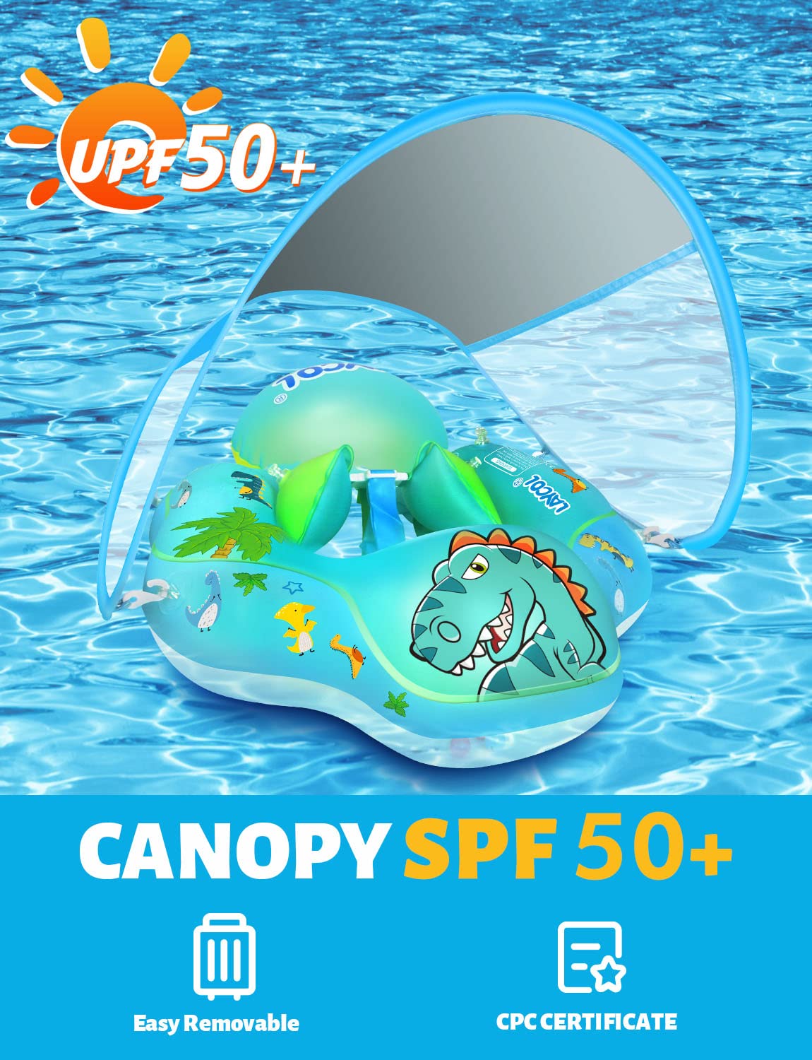 LAYCOL Baby Swimming Float with Sun Canopy | Safe Inflatable Pool Ring for 3-36 Months (Dinosaur)