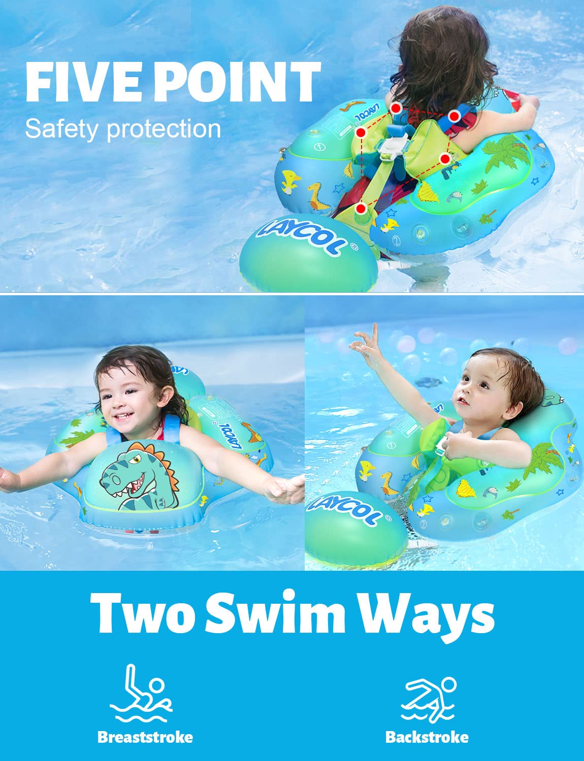 LAYCOL Baby Swimming Float with Sun Canopy | Safe Inflatable Pool Ring for 3-36 Months (Dinosaur)