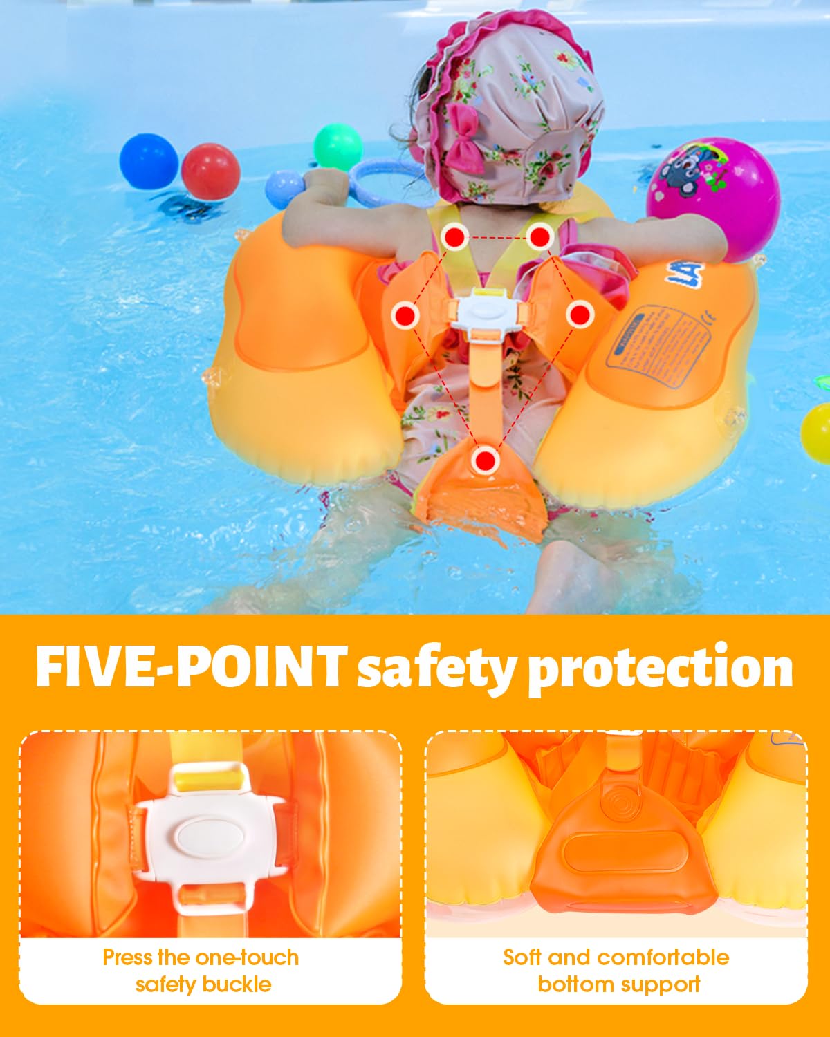 LAYCOL Baby Swim Float with Sun Canopy — No-Flip Design, 3-36 Months, Orange