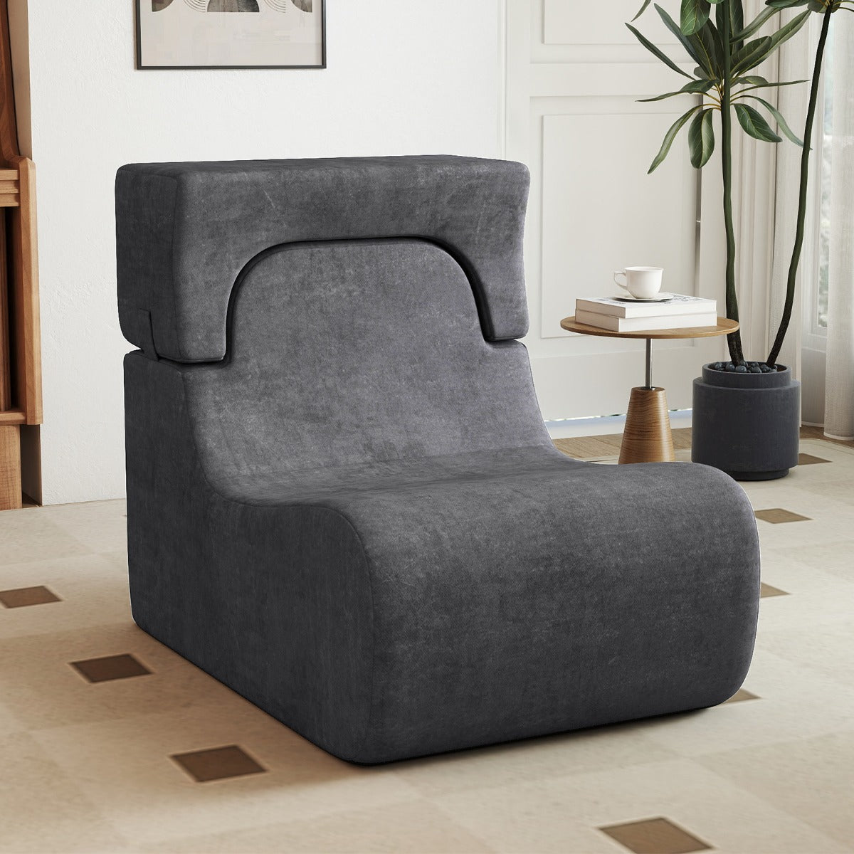 Lazy Sofa with Detachable Headrest and Washable Ice Velvet Cover-Beige