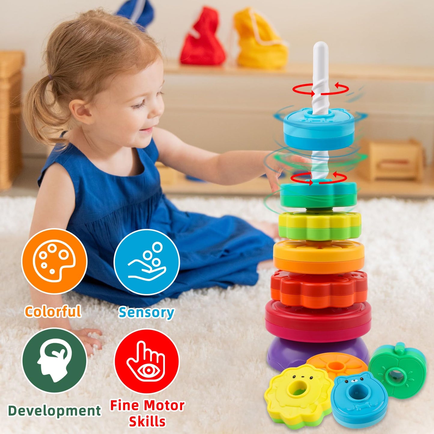 LBAIBB Rainbow Spin Tower - Spinning Stacking Toy for Toddlers 1-3 | Montessori Sensory Toy