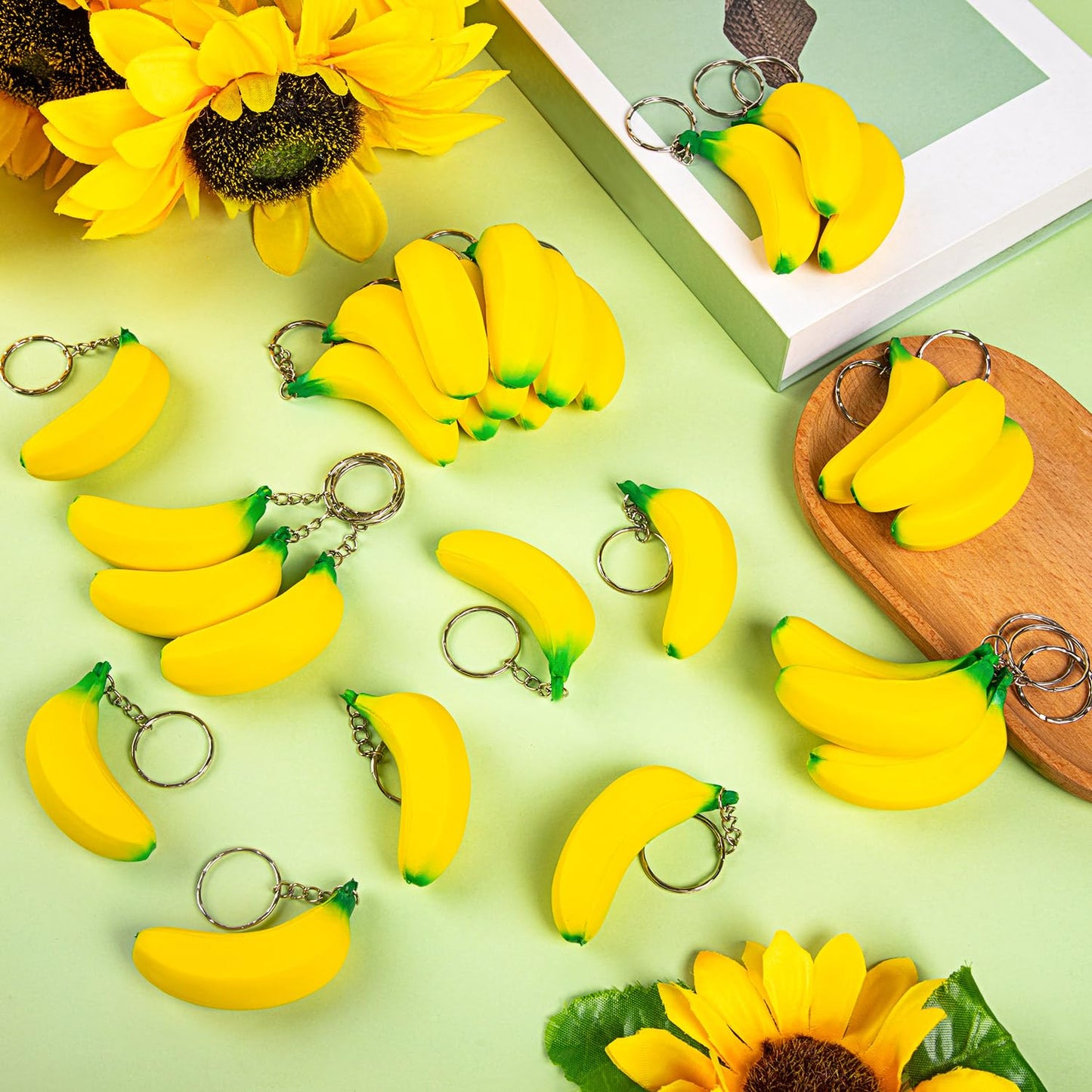 LBSXQGS 12Pcs Banana Keychains – PU Stress Toys, Mini Banana Fidgets, Party Favors & School Supplies