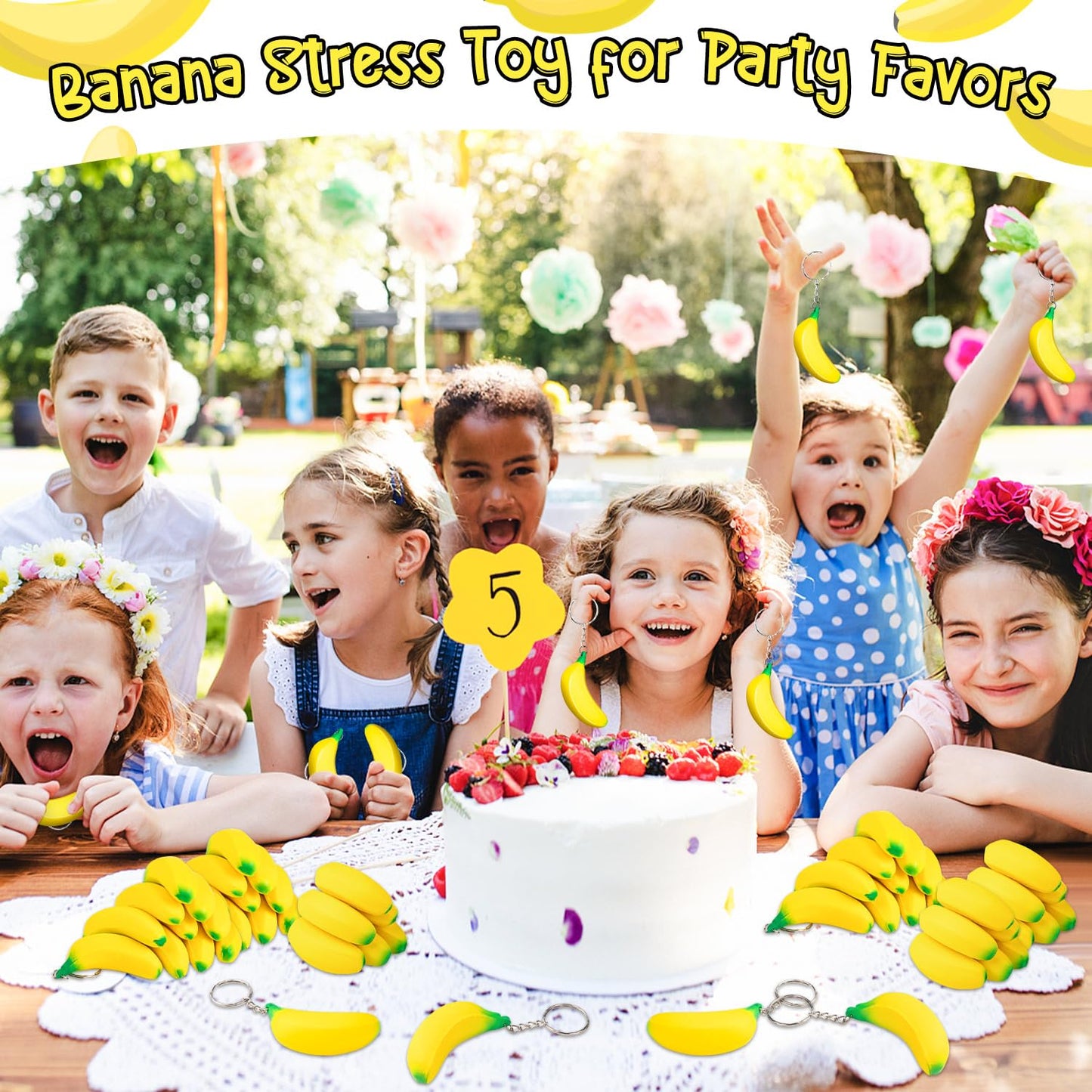 LBSXQGS 12Pcs Banana Keychains – PU Stress Toys, Mini Banana Fidgets, Party Favors & School Supplies