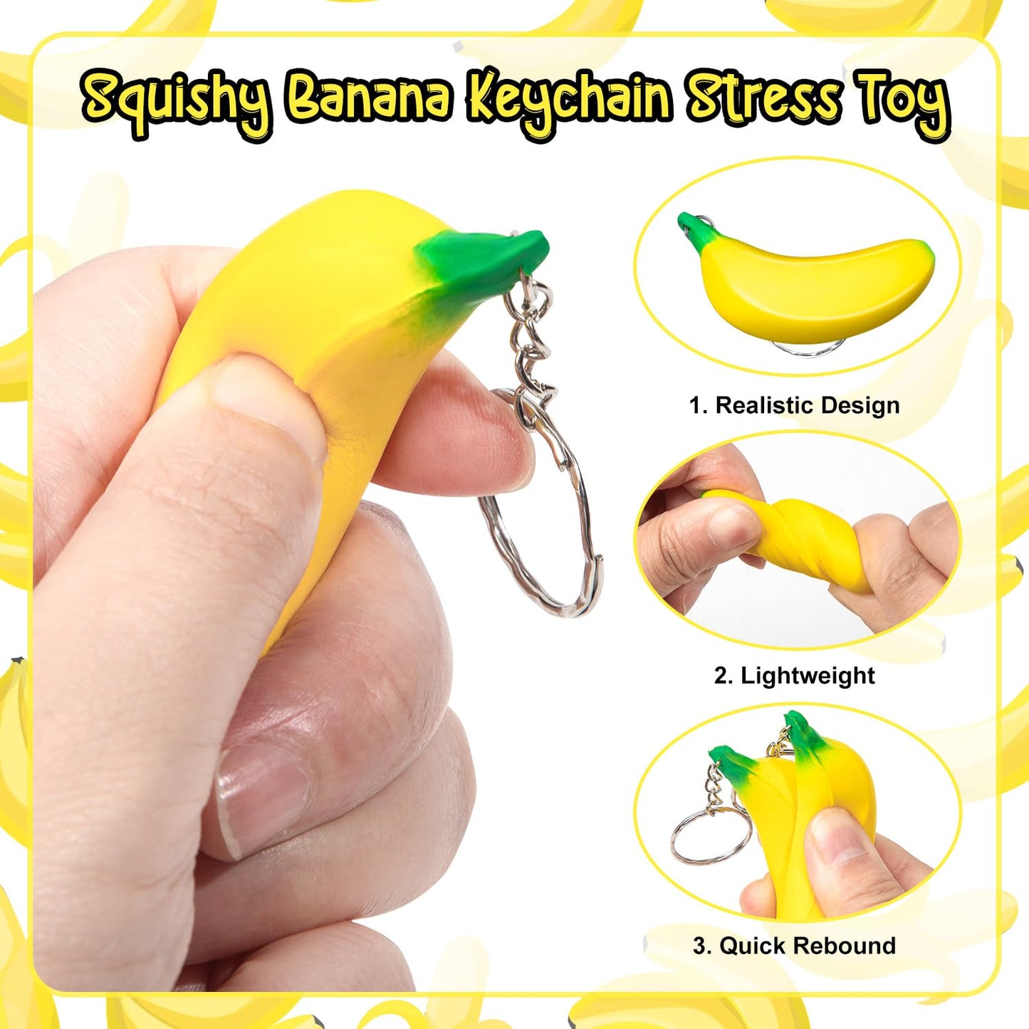 LBSXQGS 12Pcs Banana Keychains – PU Stress Toys, Mini Banana Fidgets, Party Favors & School Supplies