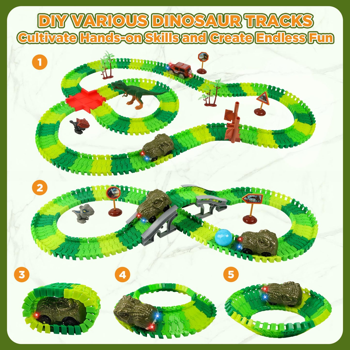LCIMG Dinosaur Track Race Car Toys — Flexible Track Set for 3–7 Year Olds