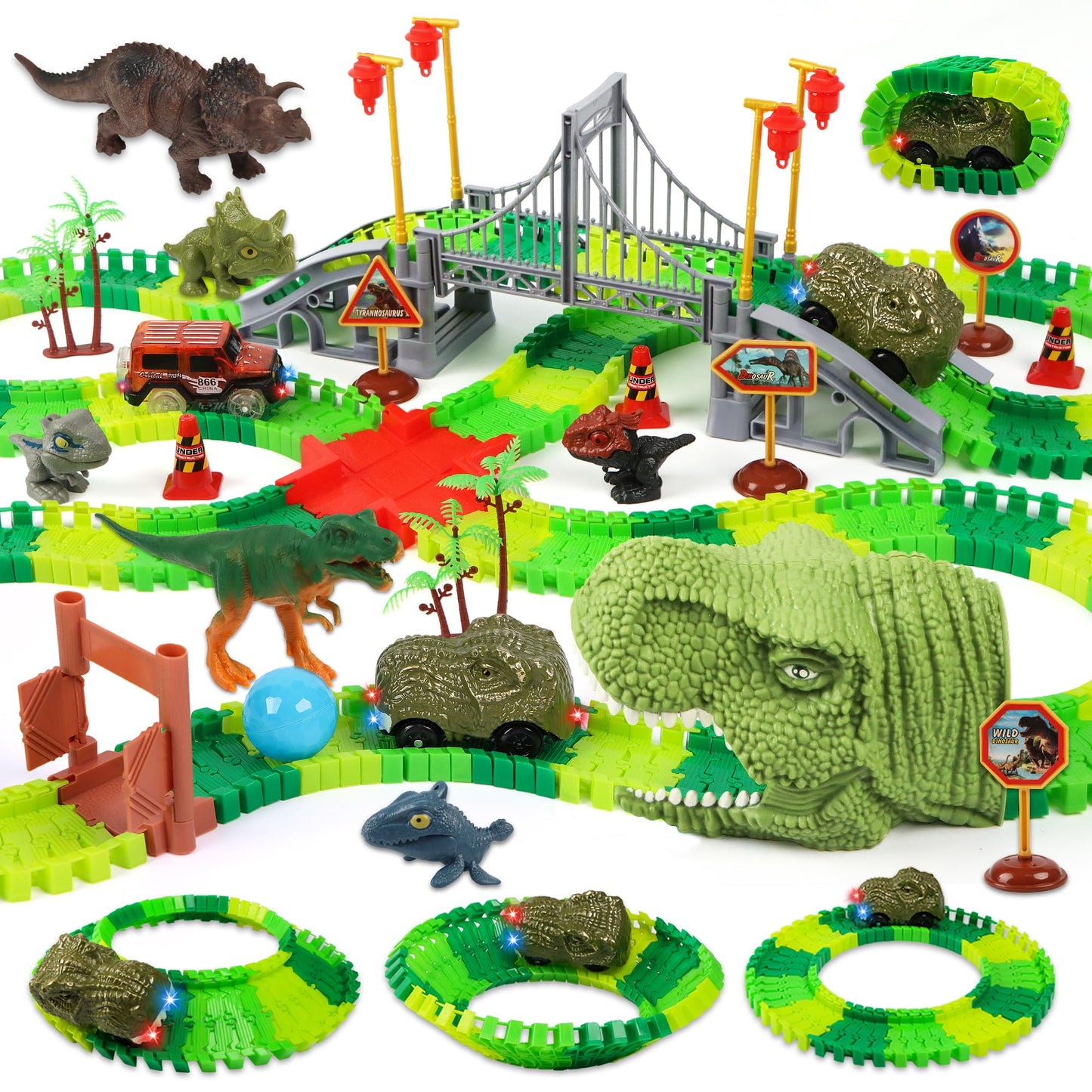 LCIMG Dinosaur Track Race Car Toys — Flexible Track Set for 3–7 Year Olds