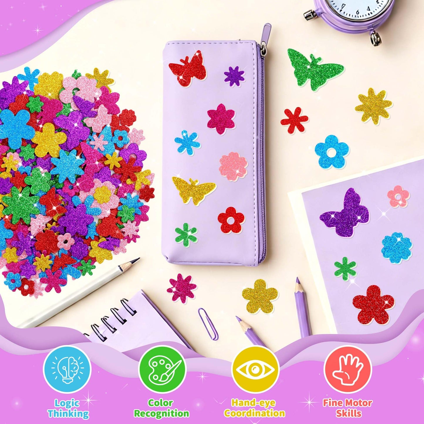 Lckaent Glitter Foam Stickers – 448Pcs Flower & Butterfly 3D Self-Adhesive Craft Set