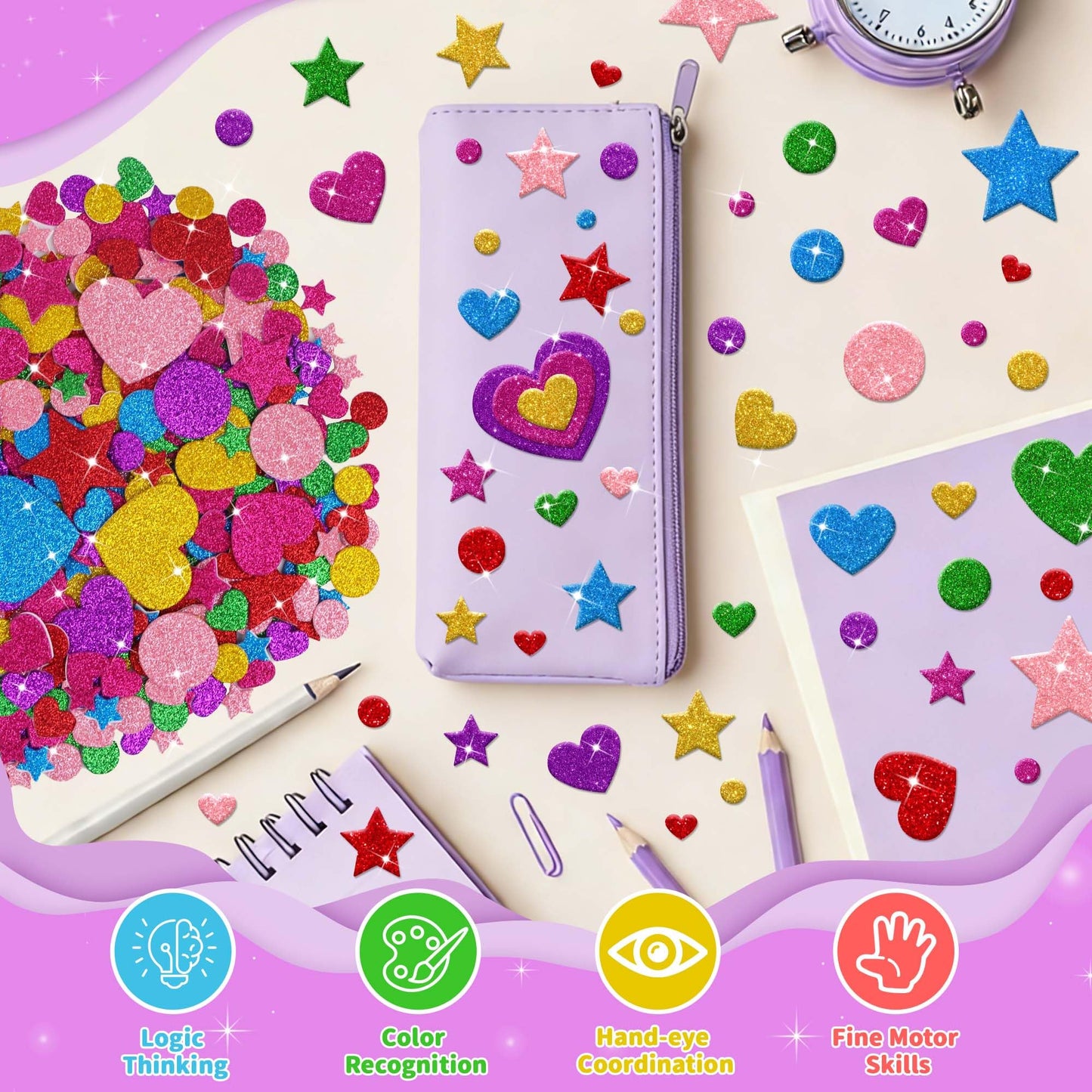 Lckaent Glitter Foam Stickers – 875 Pcs 3D Self-Adhesive Hearts Stars Circles for DIY Crafts