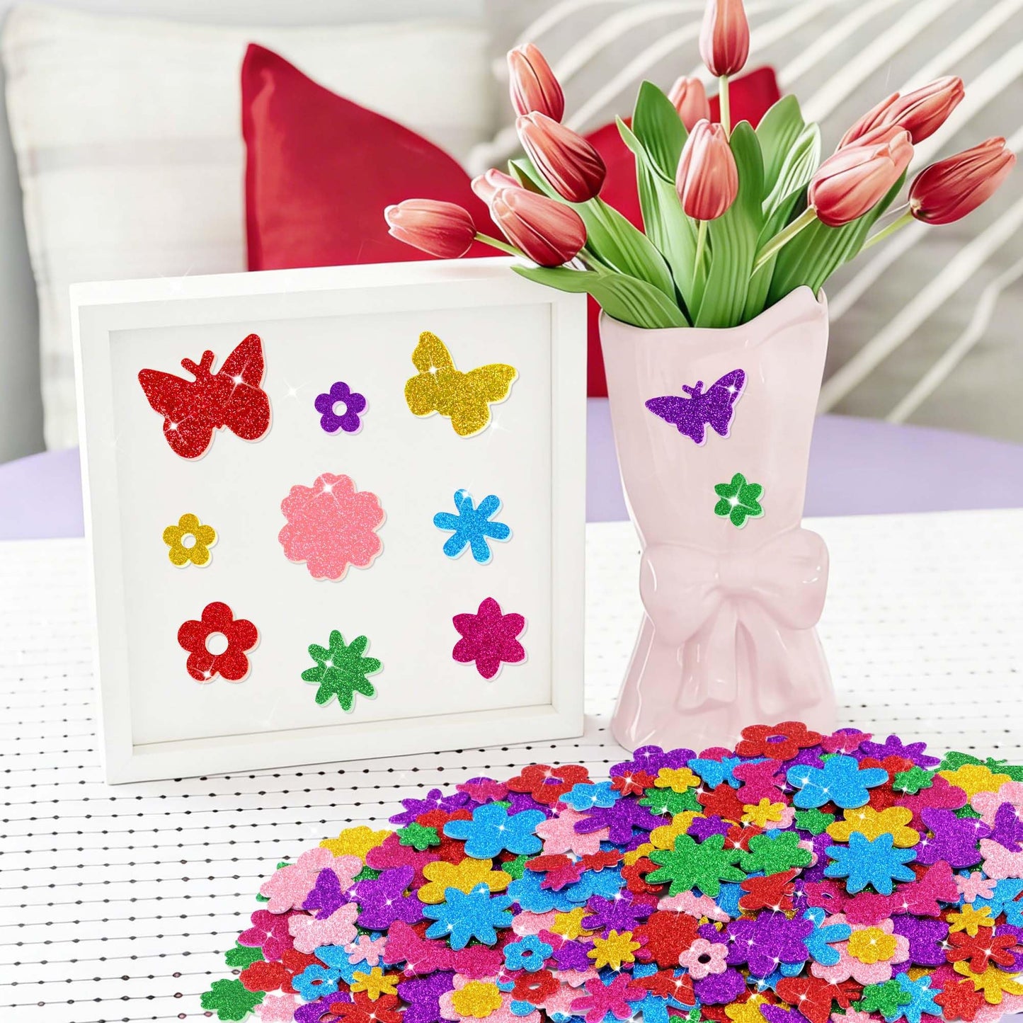 Lckaent Glitter Foam Stickers – 448Pcs Flower & Butterfly 3D Self-Adhesive Craft Set