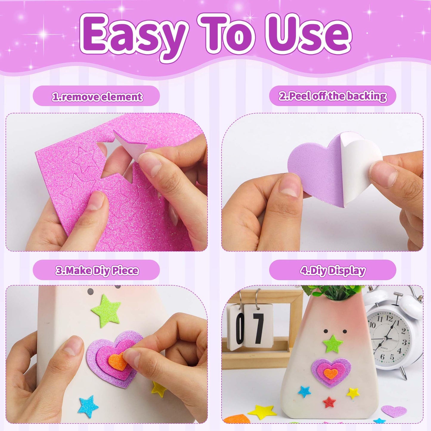 Lckaent Foam Stickers Glitter Hearts & Stars – 875pcs 3D Self-Adhesive Craft Kit
