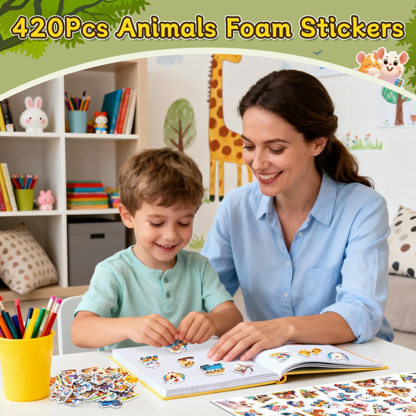 Lckaent Farm Animal Foam Stickers – 420 Pcs, Self-Adhesive Kids Craft Set