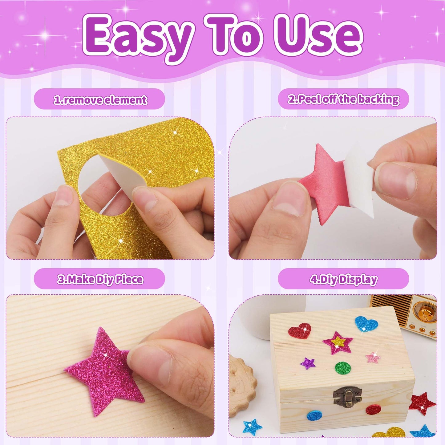 Lckaent Glitter Foam Stickers – 875 Pcs 3D Self-Adhesive Hearts Stars Circles for DIY Crafts