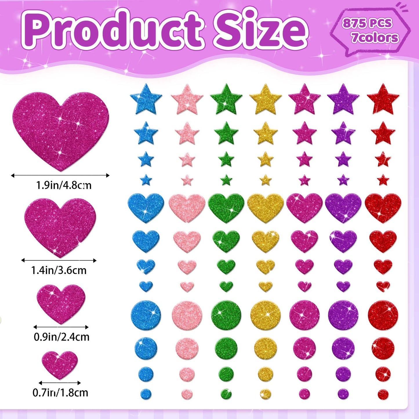Lckaent Glitter Foam Stickers – 875 Pcs 3D Self-Adhesive Hearts Stars Circles for DIY Crafts